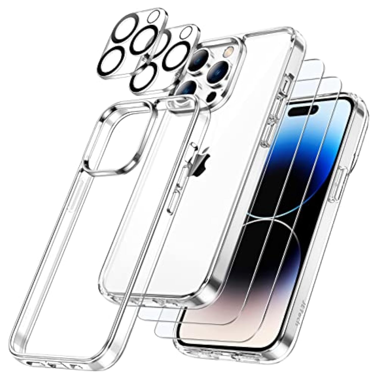 JETech 5 in 1 Case for iPhone 14 Pro 6.1-Inch, with 2-Pack Screen Protector and Camera Lens Protector, Non-Yellowing Shockproof Bumper Phone Cover, Full Coverage Tempered Glass Film (Clear)