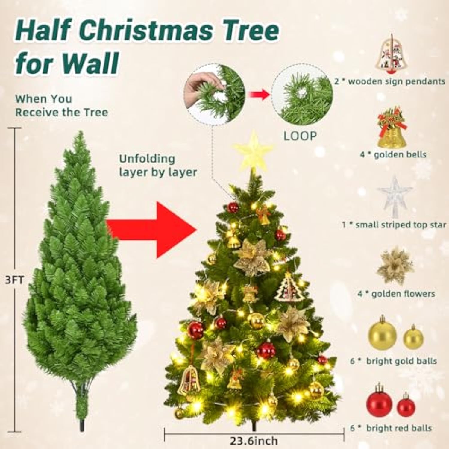 3 Ft Wall Christmas Tree, Dark Green Half Christmas Tree Wall Hanging, Diy 1/2 Chrismas Tree For Window With Lights, Ornaments And Hooks, Hainging Xmas Tree For Door, Pet Owners Xmas Decor