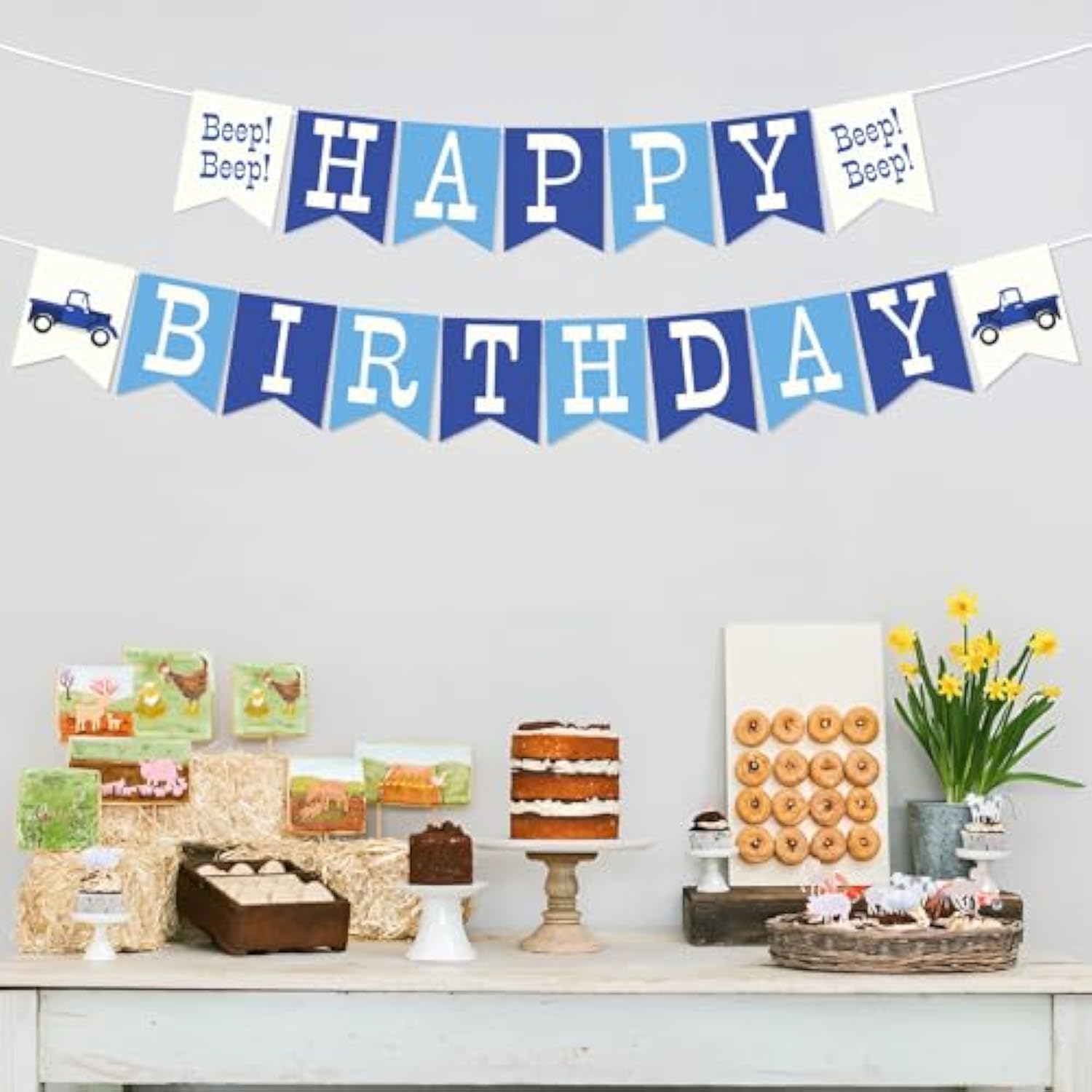 17Pcs Blue Truck Happy Birthday Banner - Little Blue Truck Birthday Decorations - Beep Banner For Kids Boys And Girls 1St 2Nd 3Rd Bday Party - Farm & Car Themed Party Supplies & Favors