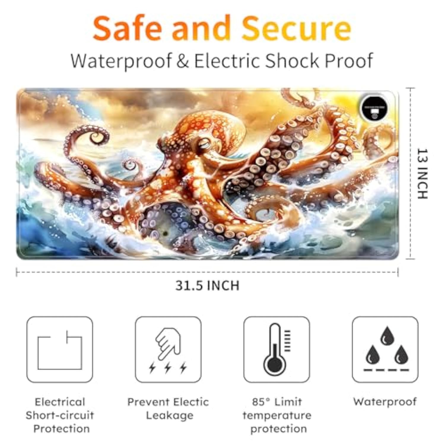 Heated Mouse Pad, Pu Leather Heated Desk Pad, Fast Warm Desk Mat With 5 Heating Levels, 31.5" X 13" Mousepad For Home Office Gaming, Octopus