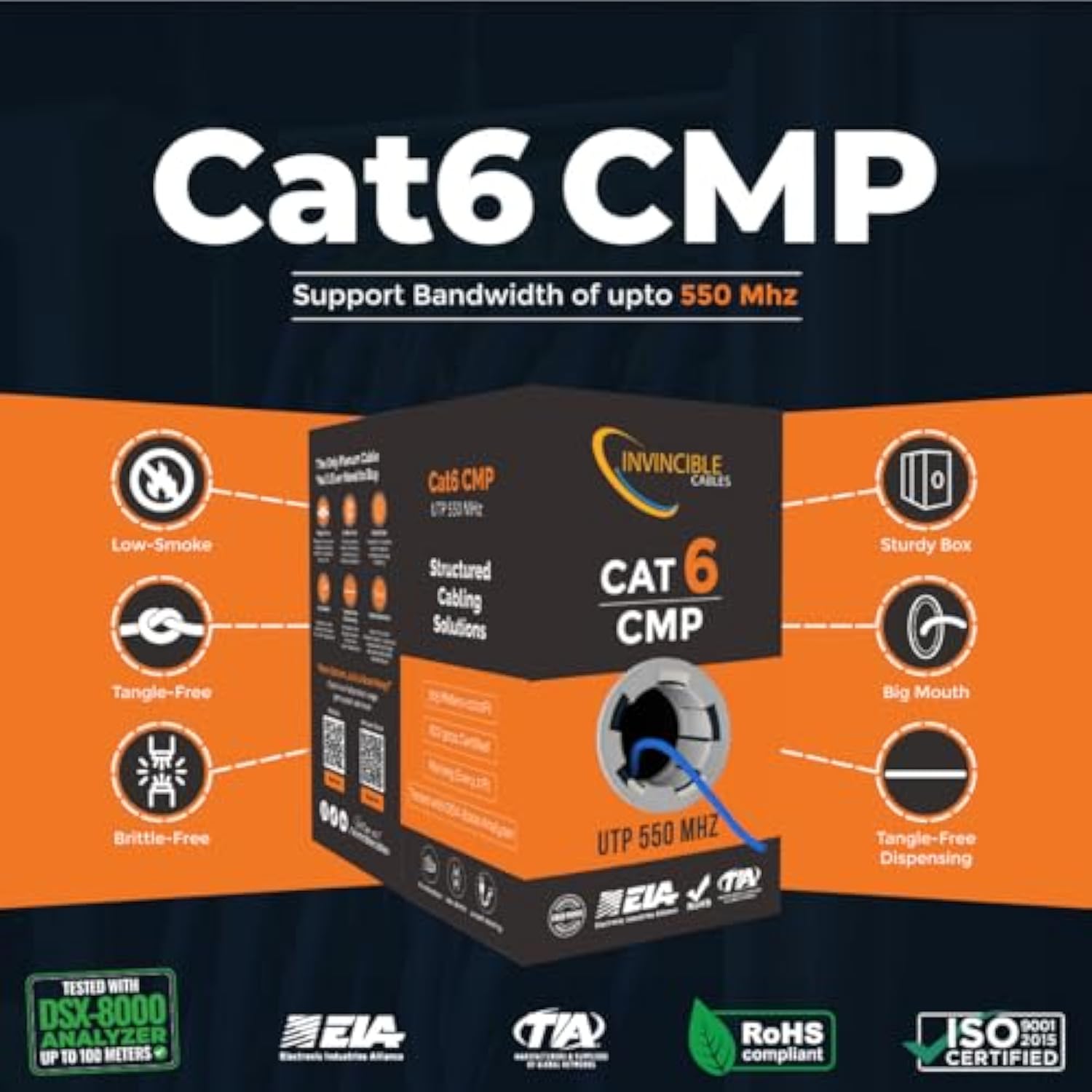 Cat6 Plenum (Cmp) 1000Ft Cable | 550 Mhz, 23Awg 4 Pair, Utp | Fluke Dtx-1800 A