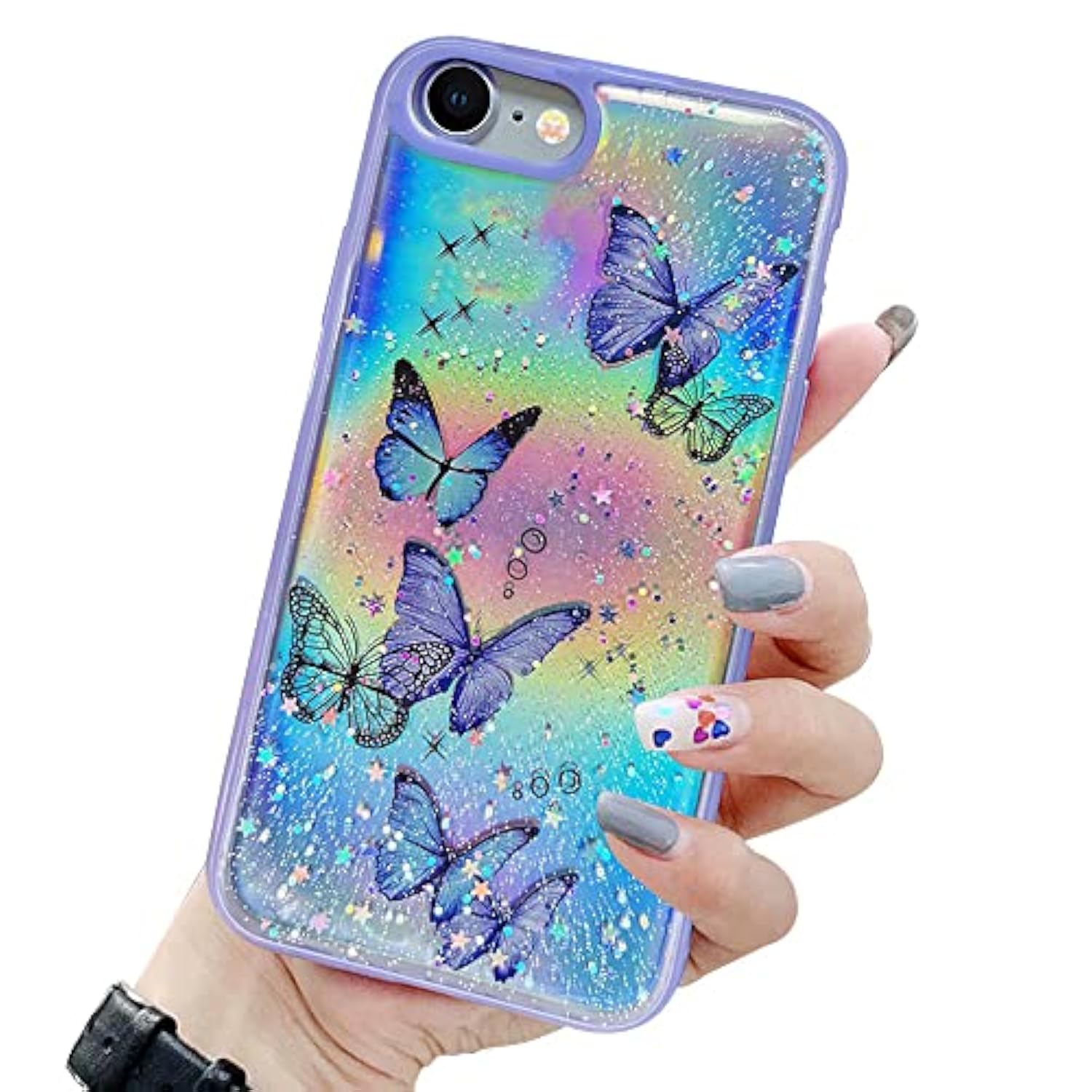 Girly Case For Iphone Se 2022/3Rd Case Iphone Se 2020/2Nd Iphone 7 Iphone 8 Case Cute Iridescent Butterfly Design Laser Bling Glitter Girls Women Soft Tpu Bumper Drop Protection Cover, Purple