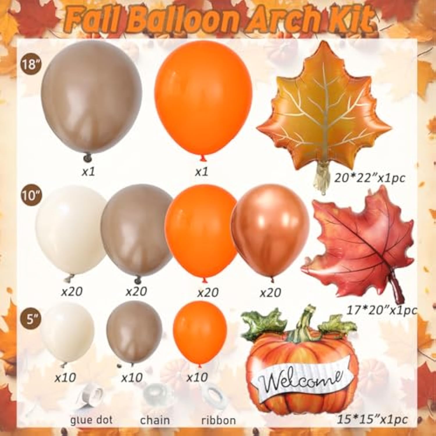 Fall Thanksgiving Balloon Arch Kit with Pumpkin Maple Leaf Foil Balloons for Autumn Party
