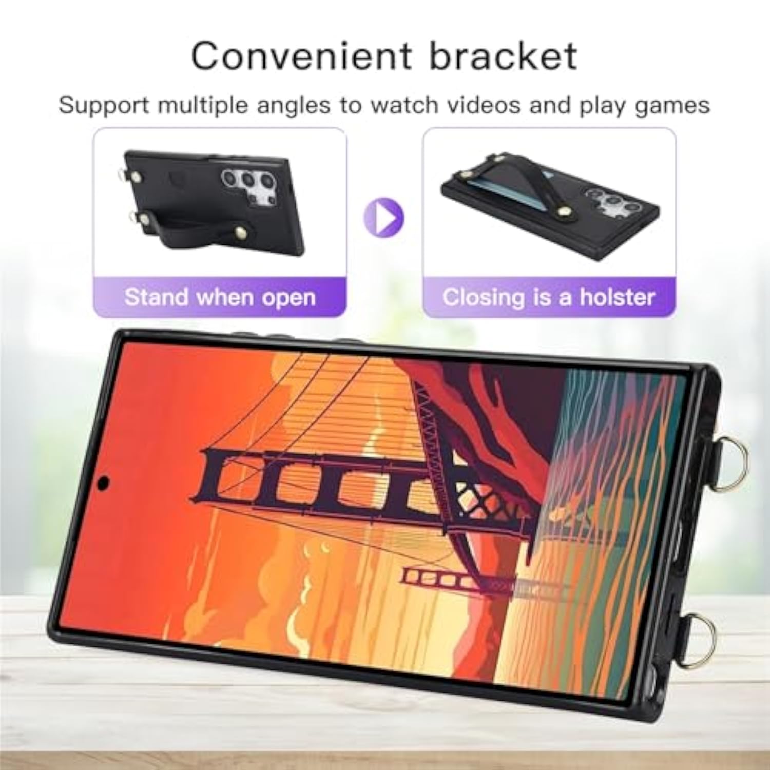 Crossbody Case For Samsung Galaxy S25 Ultra With Card Slot Holder For Women, Adjustable Shoulder Strap Lanyard With Wristband Kickstand Phone Cover Case For Samsung S25 Ultra Kb Black