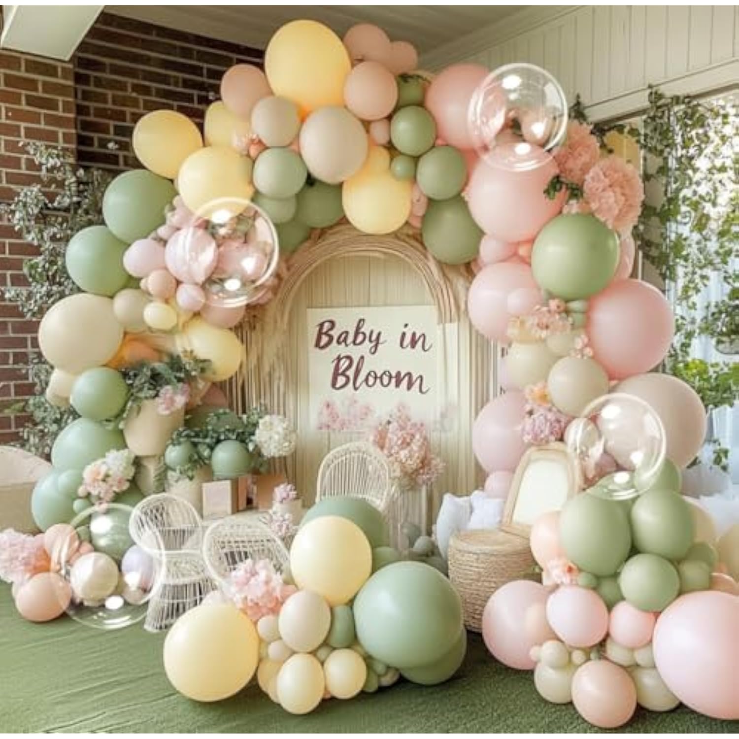 Pink Green Yellow Balloon Arch Kit, Double Stuffed Sage Green Pastel Pink Yellow White Sand Balloon Garland Beige Cream Balloons For Baby Shower Birthday Wedding Easter Fairy Flower Tea Party Decor