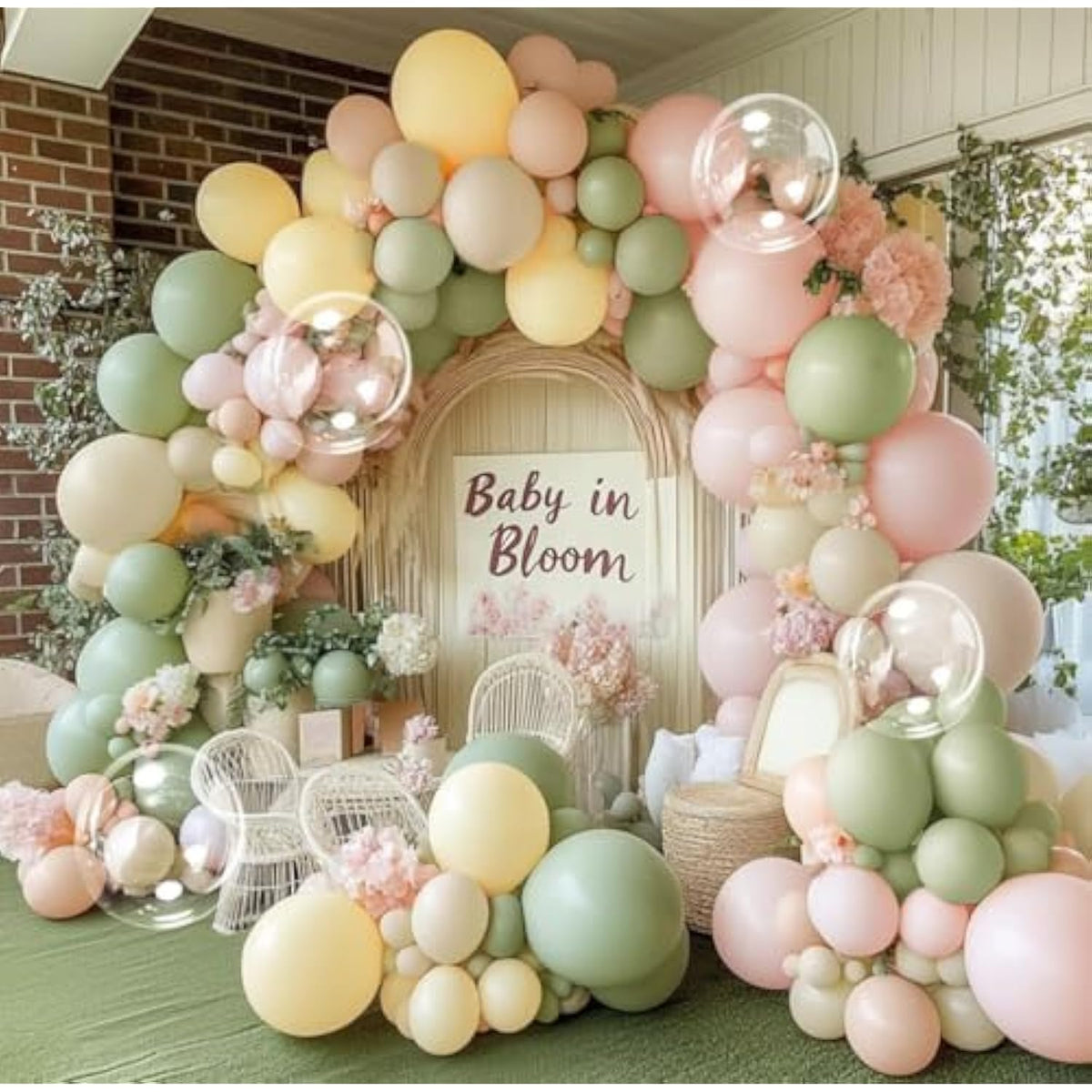 Pink Green Yellow Balloon Arch Kit, Double Stuffed Sage Green Pastel Pink Yellow White Sand Balloon Garland Beige Cream Balloons For Baby Shower Birthday Wedding Easter Fairy Flower Tea Party Decor