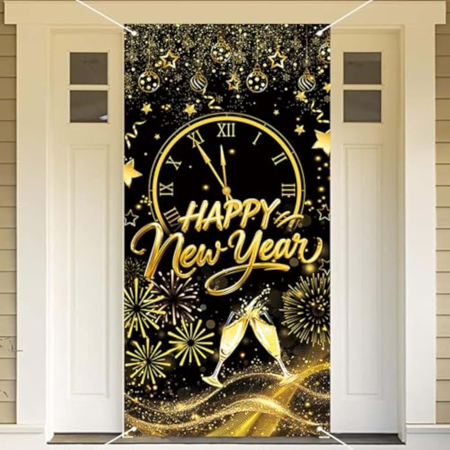2026 Happy New Year Black Gold Door Banner for Front Porch
