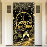 2026 Happy New Year Black Gold Door Banner for Front Porch