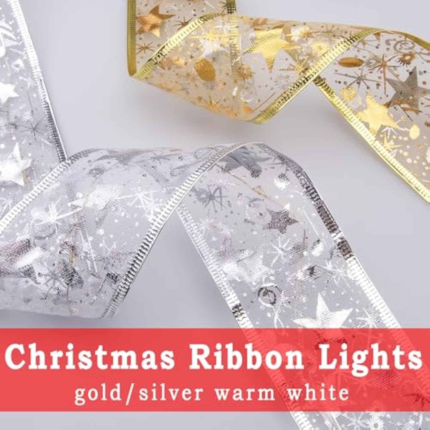Christmas Tree Ribbon String Lights - 33Ft 100 Led Battery Powered Fairy Lights With Timer