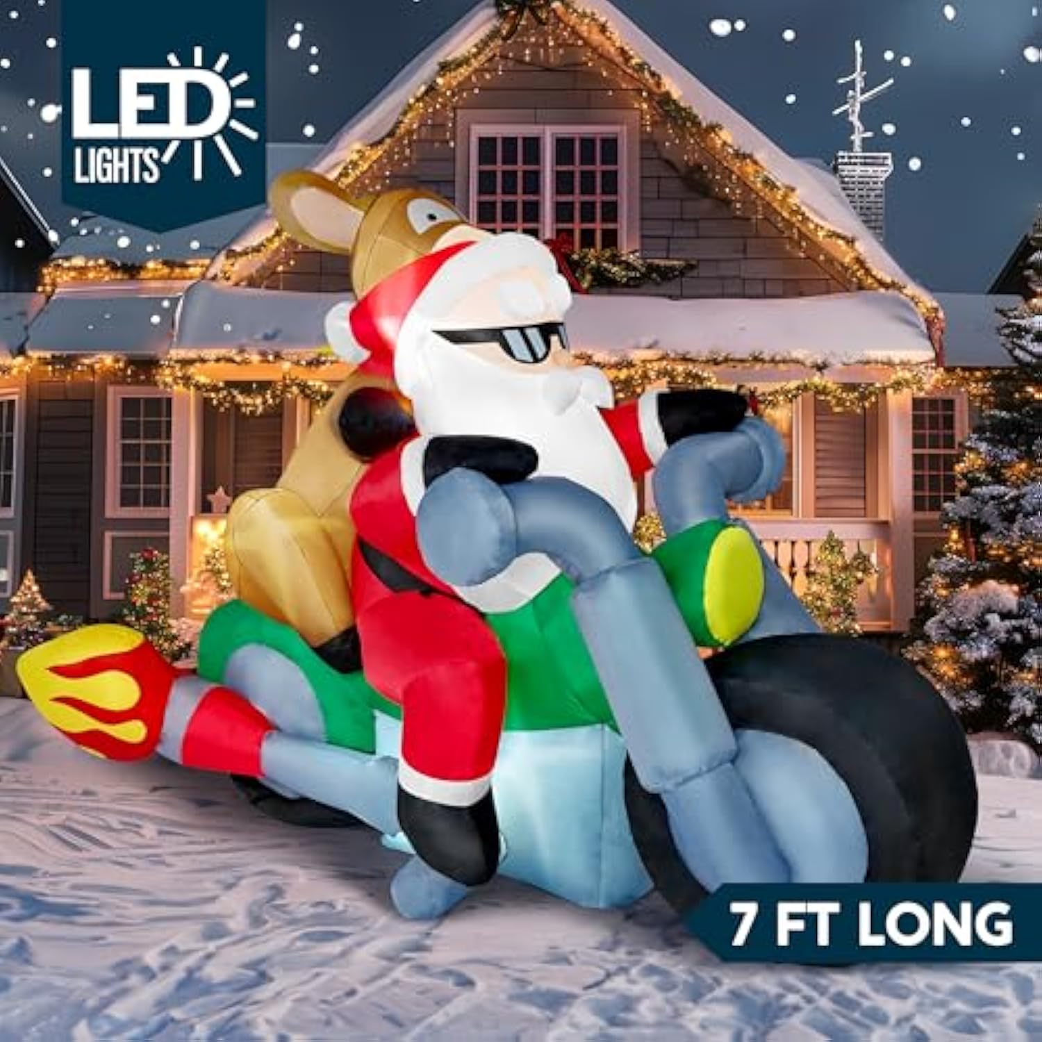 7 Ft Long Christmas Inflatables Outdoor Decorations, Inflatable Santa Riding Motorcycle With Reindeer, Blow Up Yard Deco
