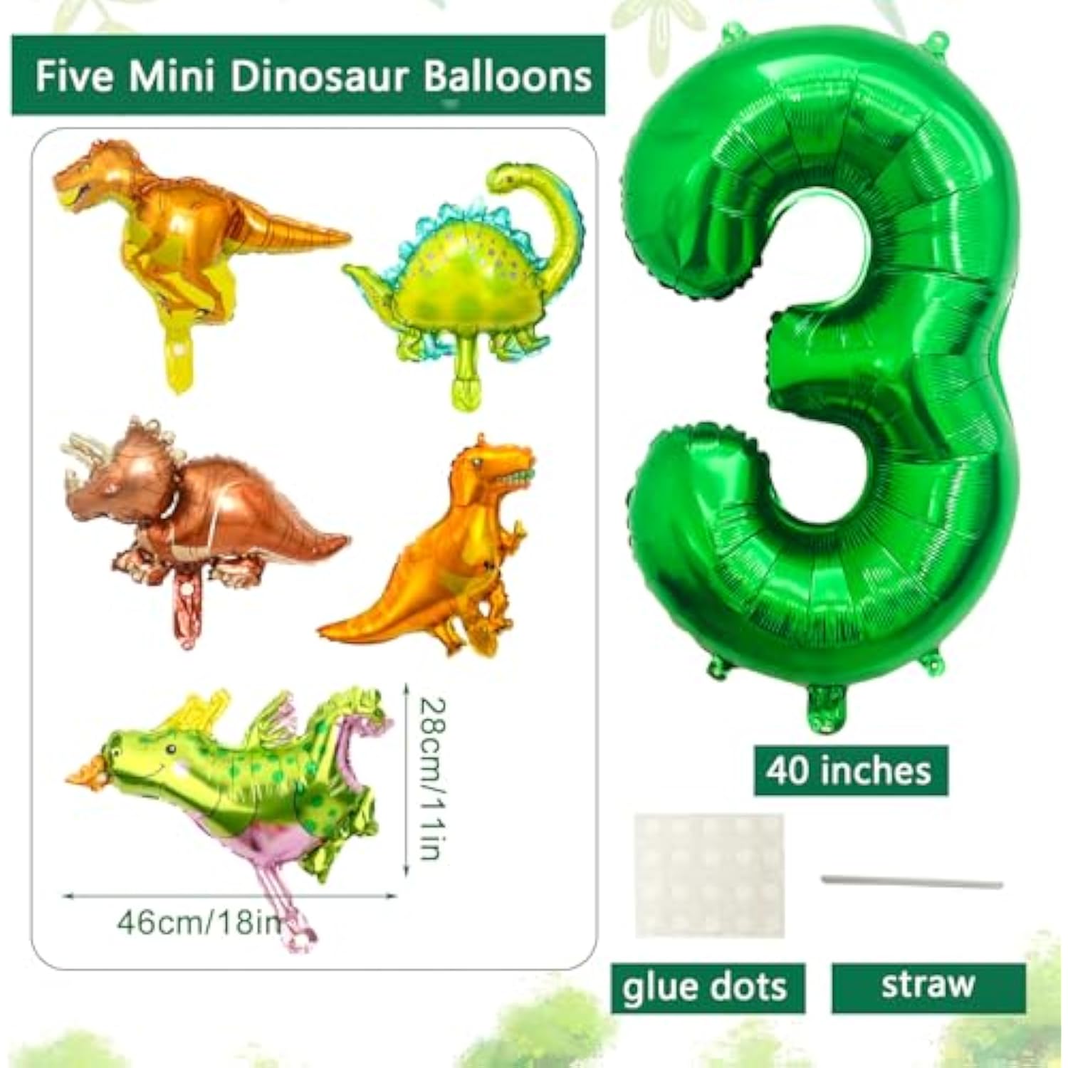Large Dinosaur Balloon Number 3, 40 Inch Dark Green Foil Balloon And 5 Mini Dinosaurs Balloons For 3Rd Dino Birthday Decorations And Dino Party Supplies Boys And Girls