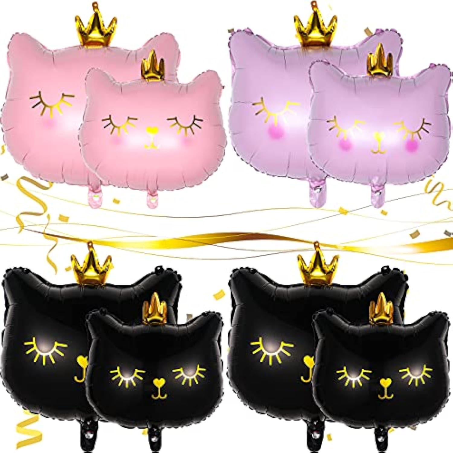 8Pcs Crown Cat Foil Balloons Pink & Black Kitty Birthday Animal Themed Party Decorations