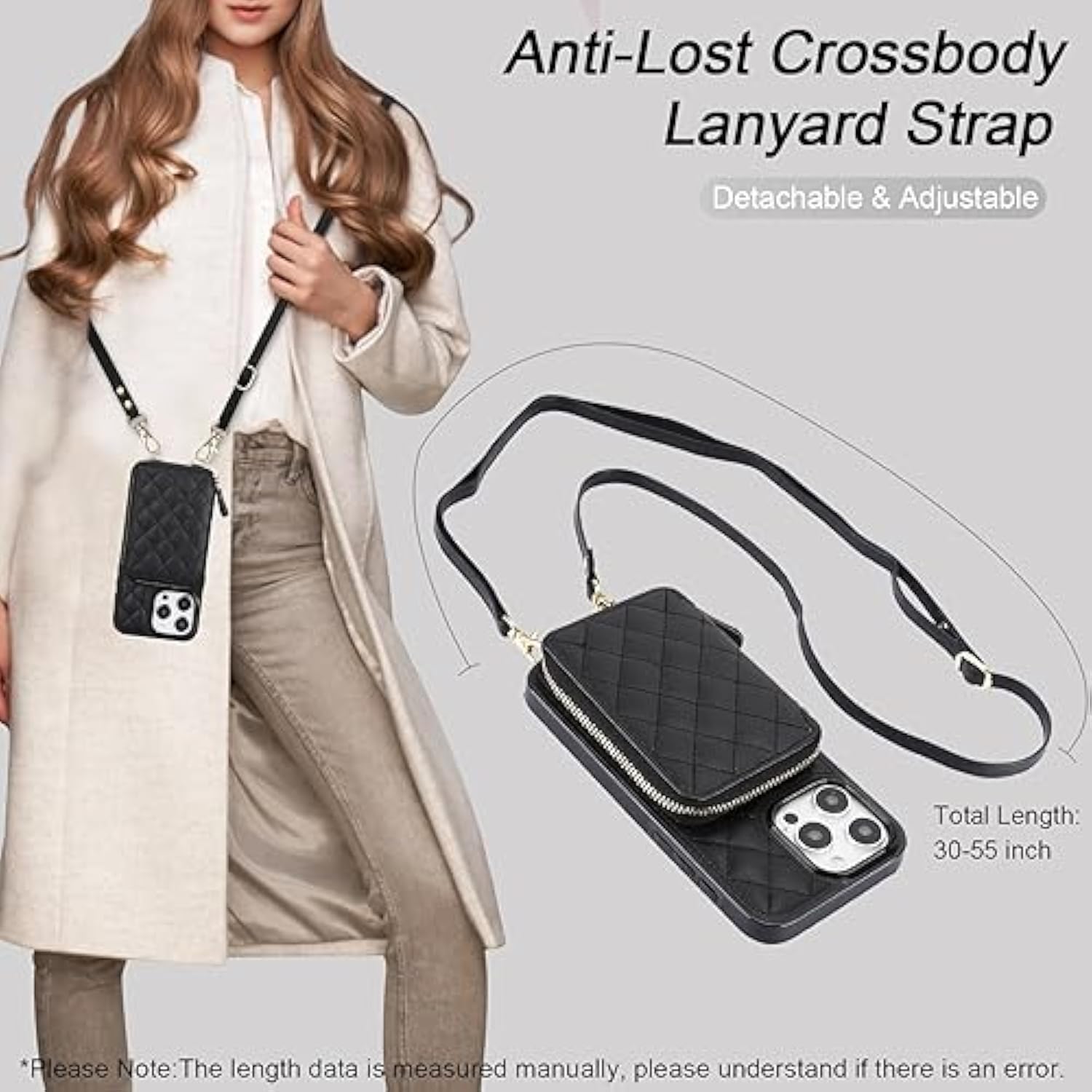 Iphone 15 Pro Max Crossbody Wallet Case RFID Leather Flip Cover 6.7 Inch Black