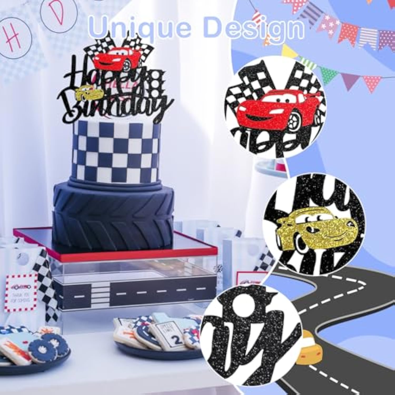 Car Birthday Cake Topper Race Car Cake Decoration For Boy Girl Man Racing Car Checkered Flag Themed Birthday Party Supplies Double Sided