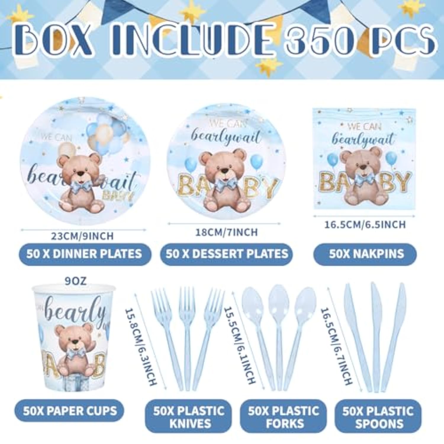 350Pcs Bear Baby Shower Decorations For 50 Guests Party Supplies For Boy Include Paper Plate, Napkin, Cup And Disposable Plastic Tableware