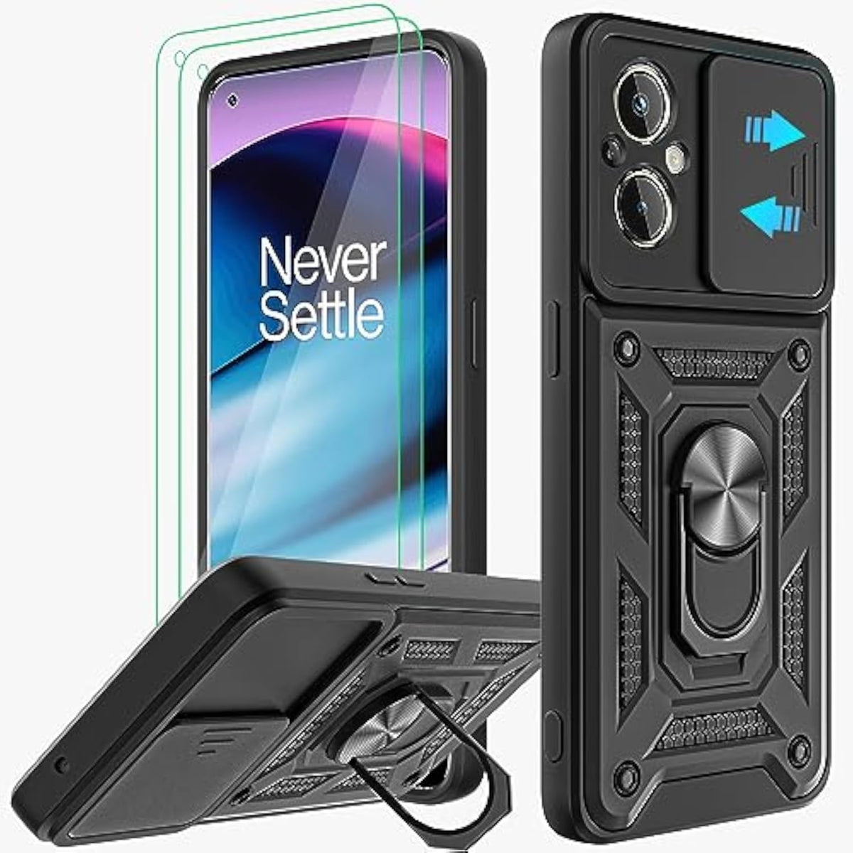 OnePlus Nord N20 5G Case with Slide Camera Cover and 2pcs HD Screen Protector, 360° Rotation Ring Kickstand [Military Grade] Case for OnePlus Nord N20 5G (Black)