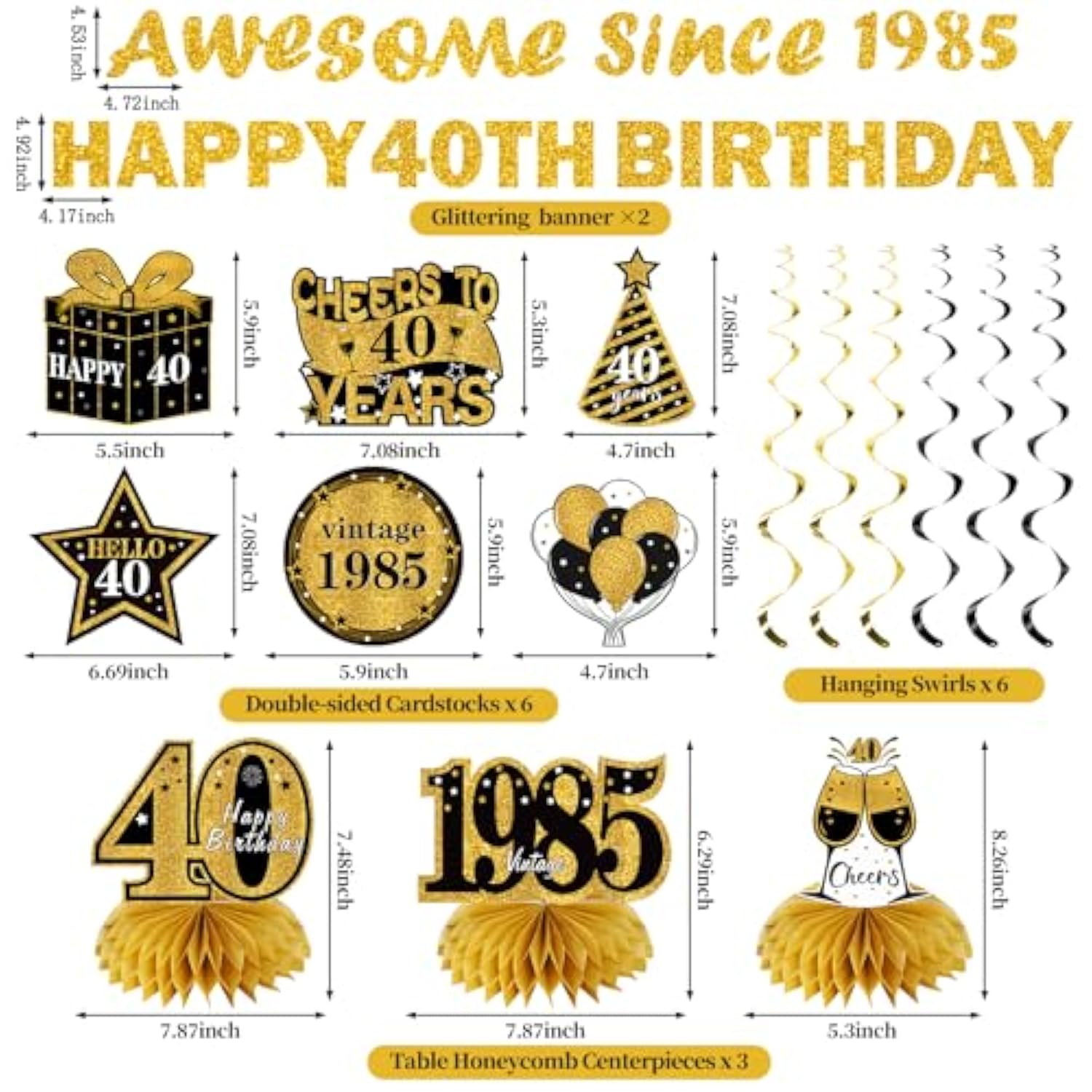 11Pcs 40th Birthday Decoration Kit – Black & Gold Banner, Swirls, Centerpieces and Table Toppers