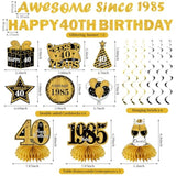 11Pcs 40th Birthday Decoration Kit – Black & Gold Banner, Swirls, Centerpieces and Table Toppers