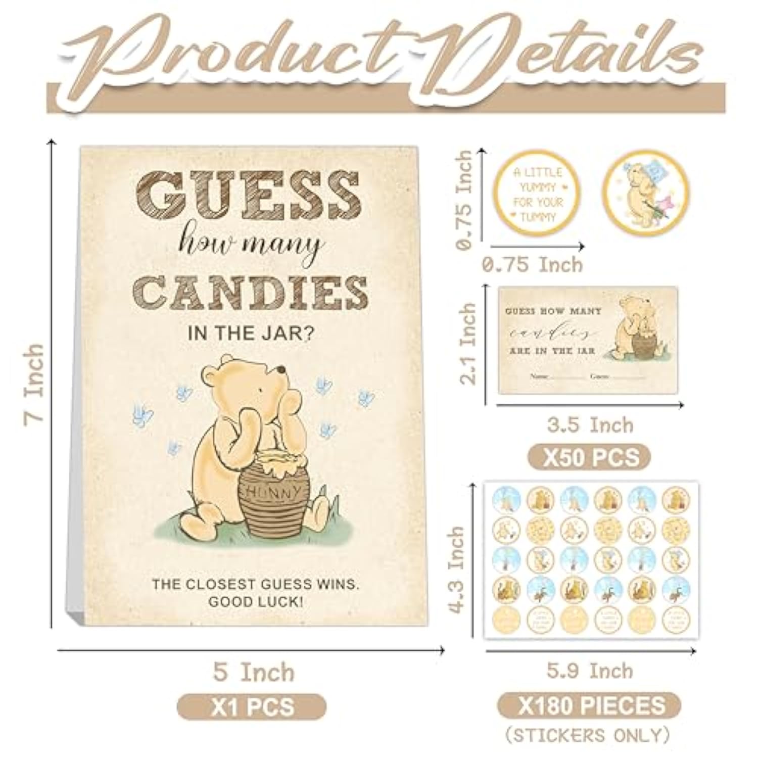 Winnie The Pooh Baby Shower Games - Guess How Many Candies Standing Sign, 50 Guessing Cards, 180 Stickers