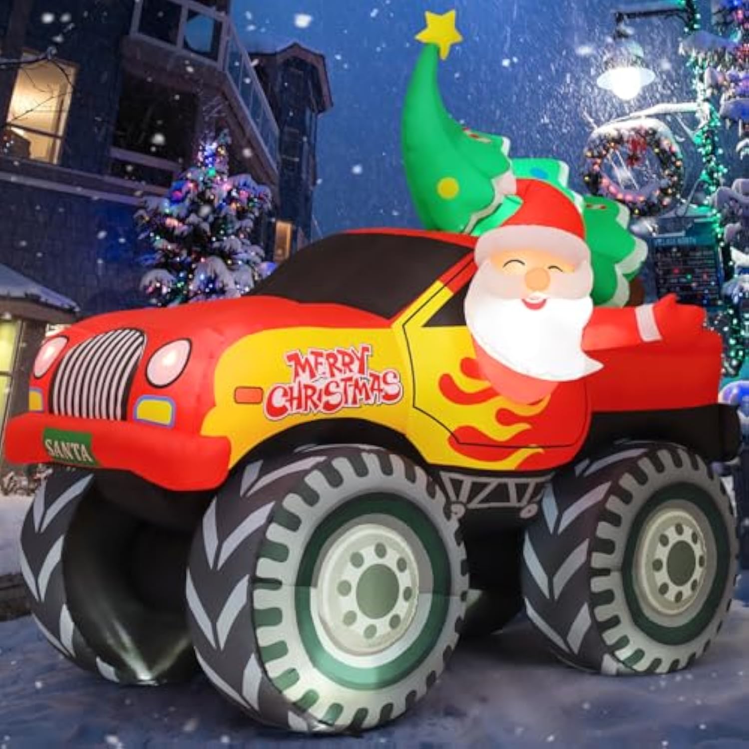 7.2 Ft Long Christmas Inflatables Truck Outdoor Decorations Santa Claus Blow Up With Xmas Tree With Built-In Leds For Pa