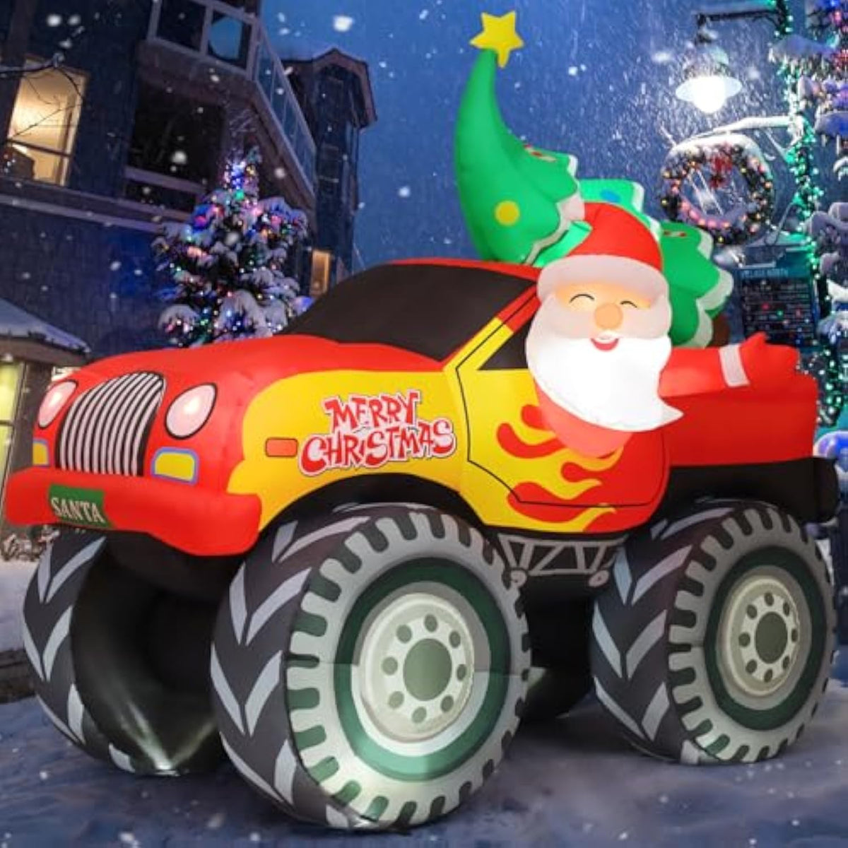 7.2 Ft Long Christmas Inflatables Truck Outdoor Decorations Santa Claus Blow Up With Xmas Tree With Built-In Leds For Pa