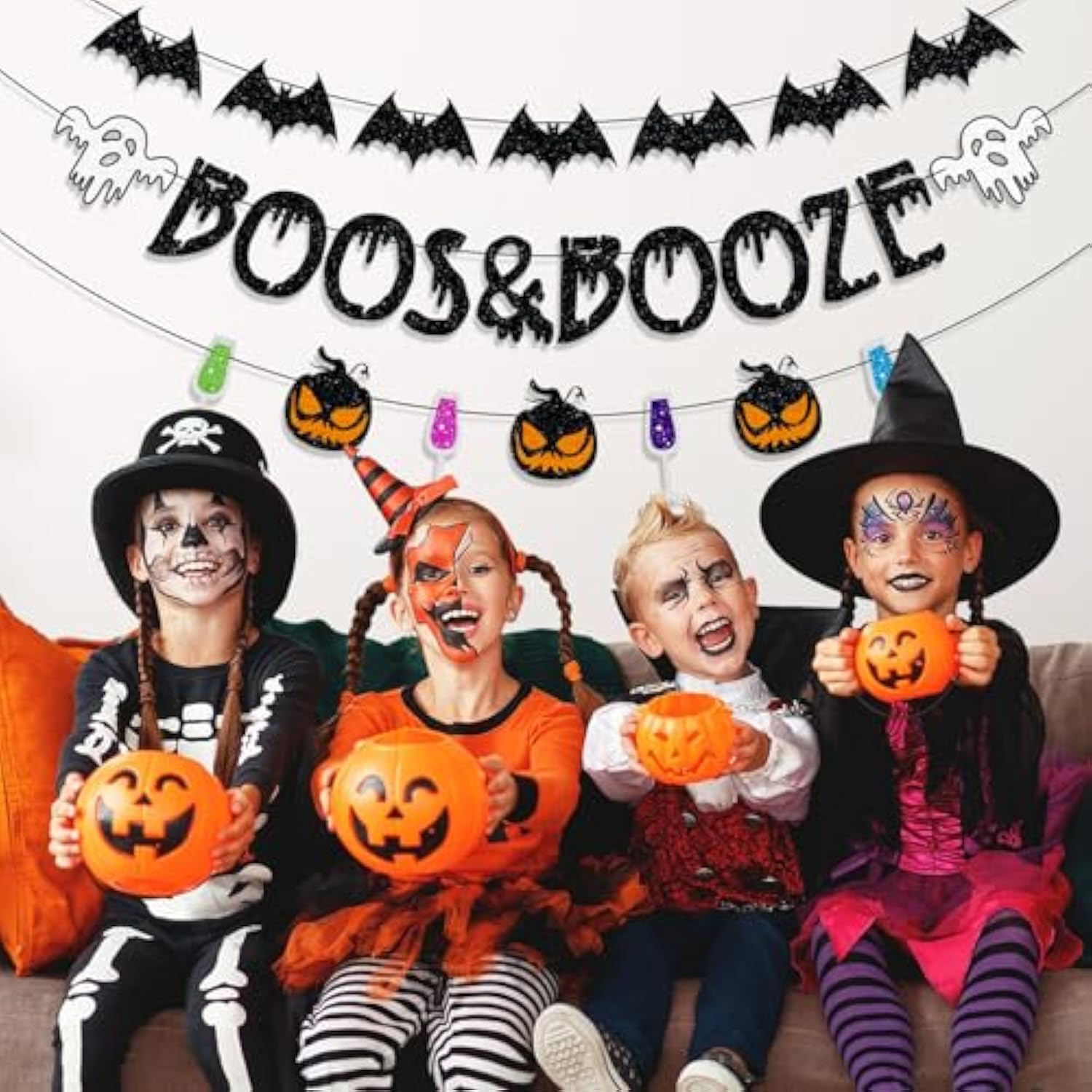 Pre Strung Boos and Booze Banner Halloween Party Decorations with Ghost Bat Witches