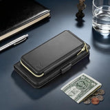 All-in-One Flip Folio Case for iPhone 16 6.1" - Men & Women PU Leather Wallet Cover with 9 Card Slots, Zipper Pocket, Detachable Wrist Strap, Full Body Protection for Apple 16 Black