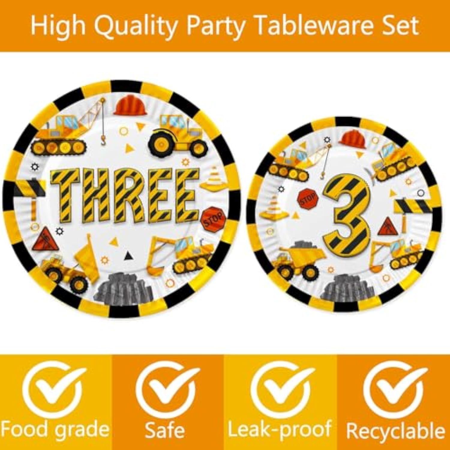 80 Pcs Construction 3Rd Birthday Decorations Construction Three Years Old Disposable Paper Dinner Plates Napkins Forks Dinnerware For Dump Truck Theme 3Rd Bday Party Supplies Decorations