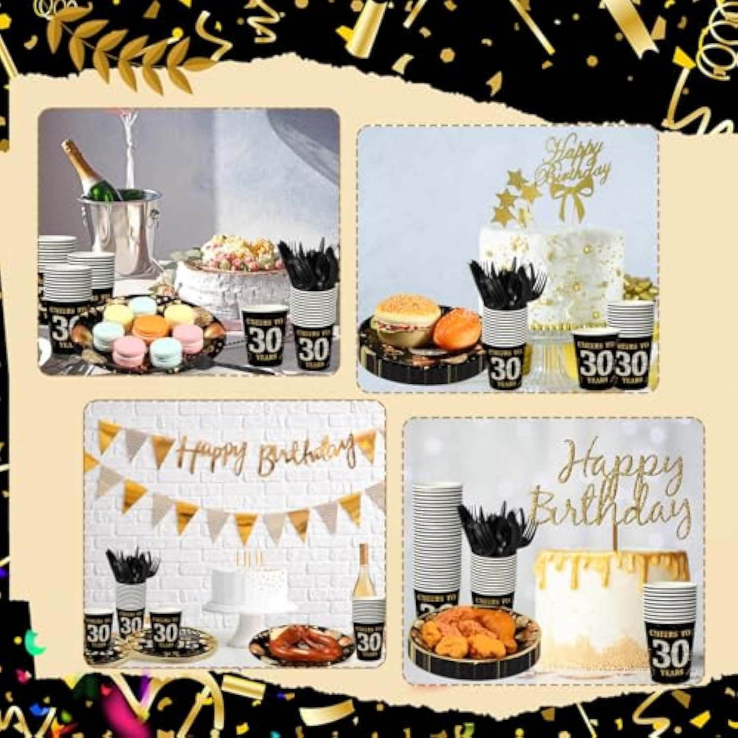240 Pcs 30Th Birthday Decorations Birthday Party Tableware Include Plates Napkins 9Oz Cups Cutlery Anniversary Dinnerware Party Supplies For Men Women Him Her, Serve 30 Guests (Black Gold)