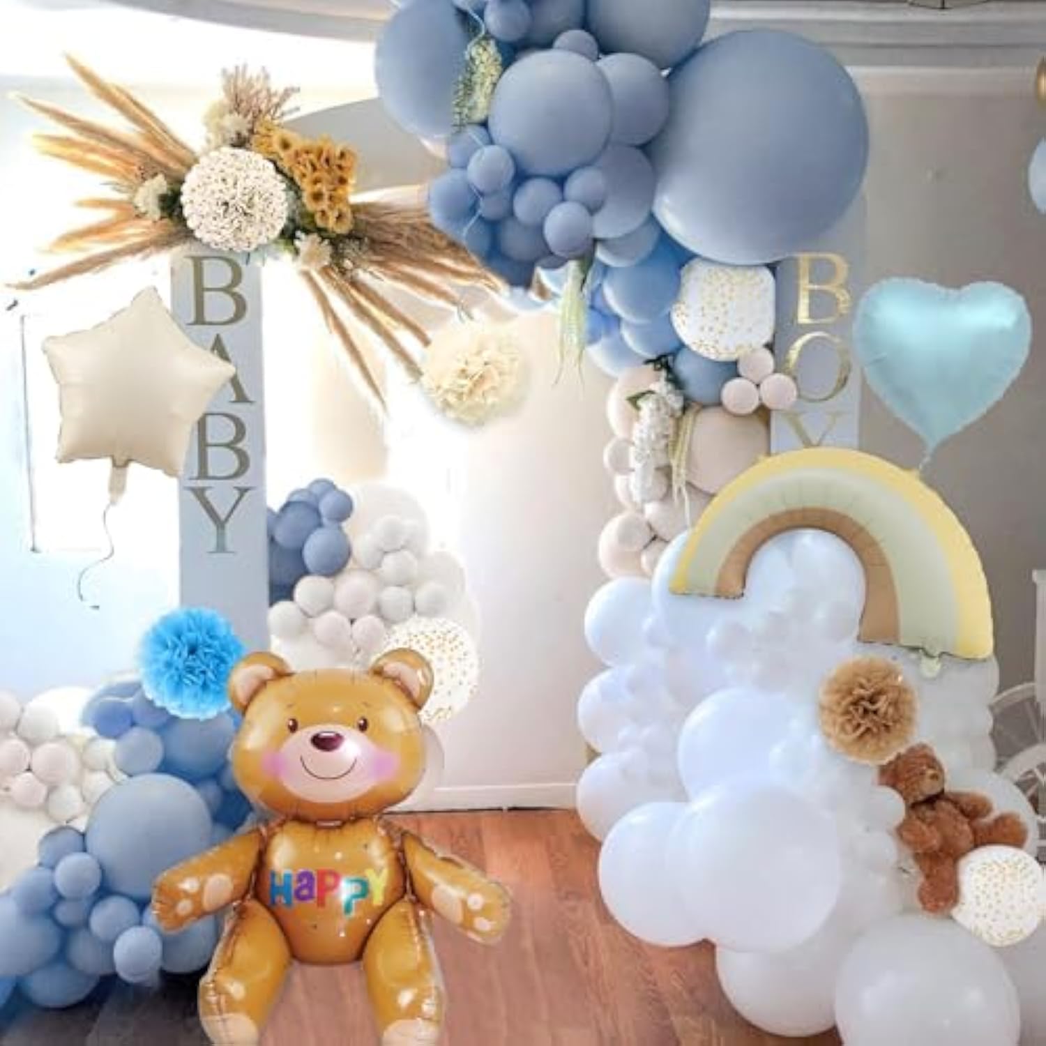 Dusty Blue Birthday Decorations, Teddy Bear Theme Sand White Grey Double Stuffed Blue Balloon Arch Garland Kit, Macaron Confetti Blue Balloons Birthday Party Decorations Supply Boho Decor For Boys