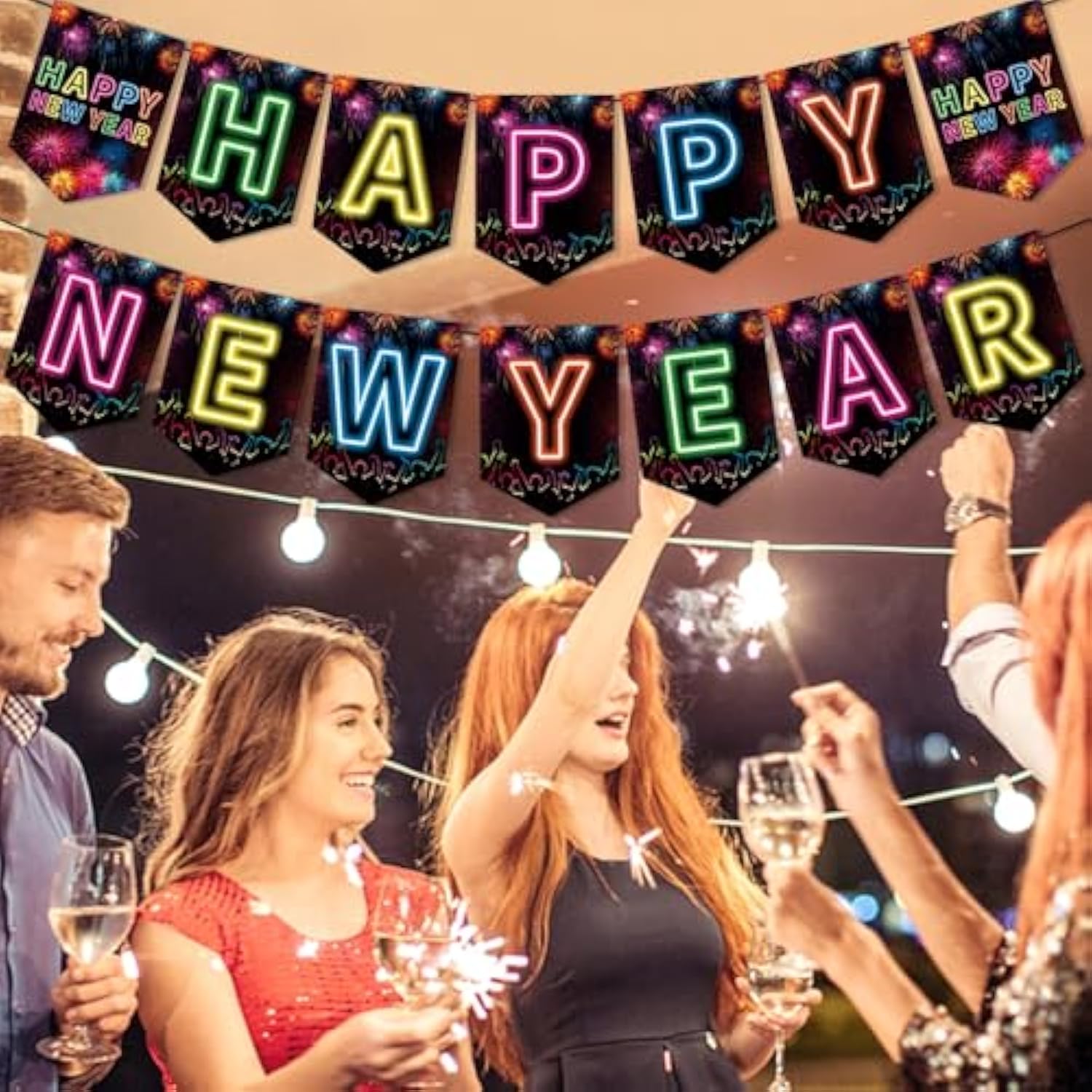 2026 Happy New Year Neon Banner Hanging Swirls Glow Party Decorations