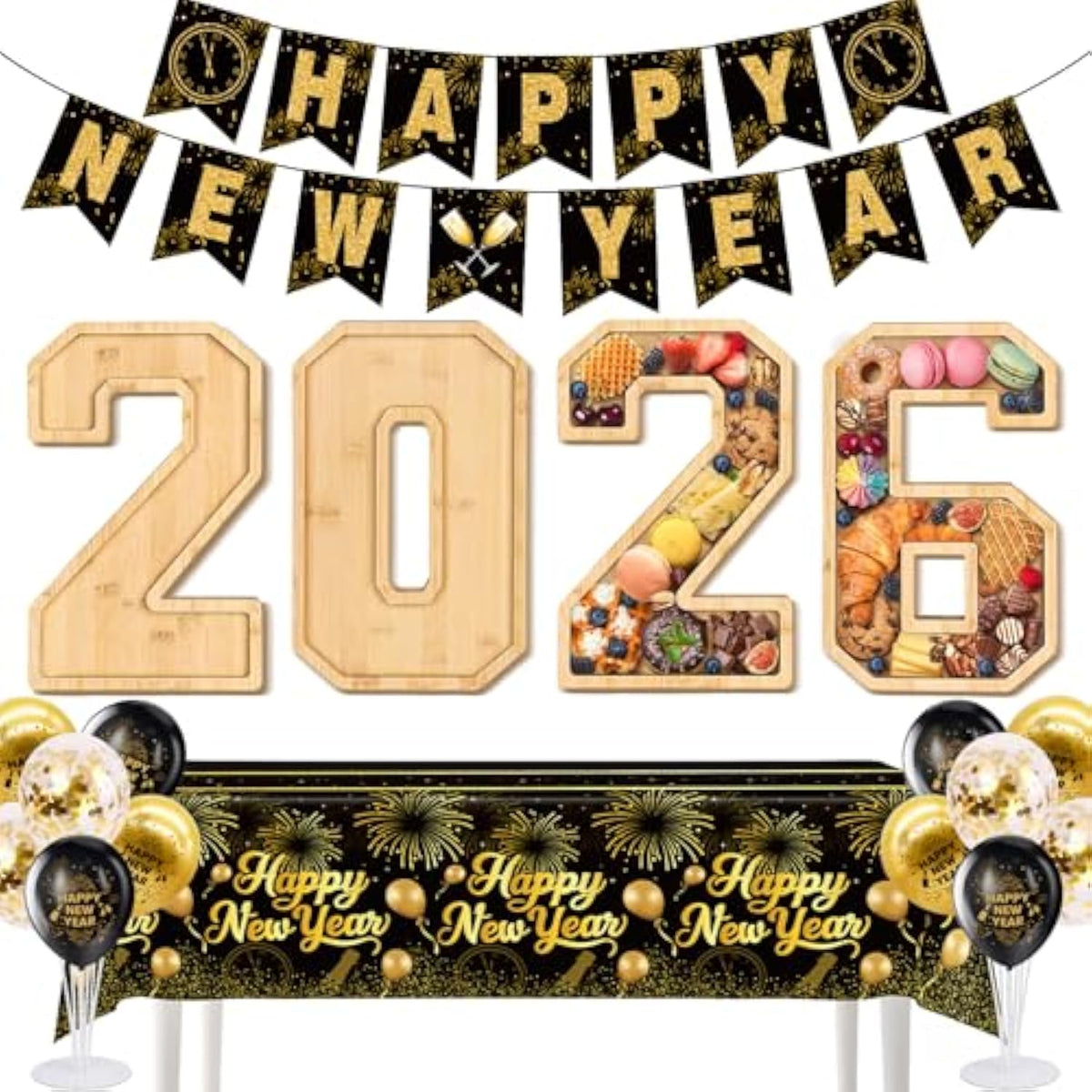 2026 New Years Eve Party Kit with Numbers, Balloons, Banner, and Table Decor