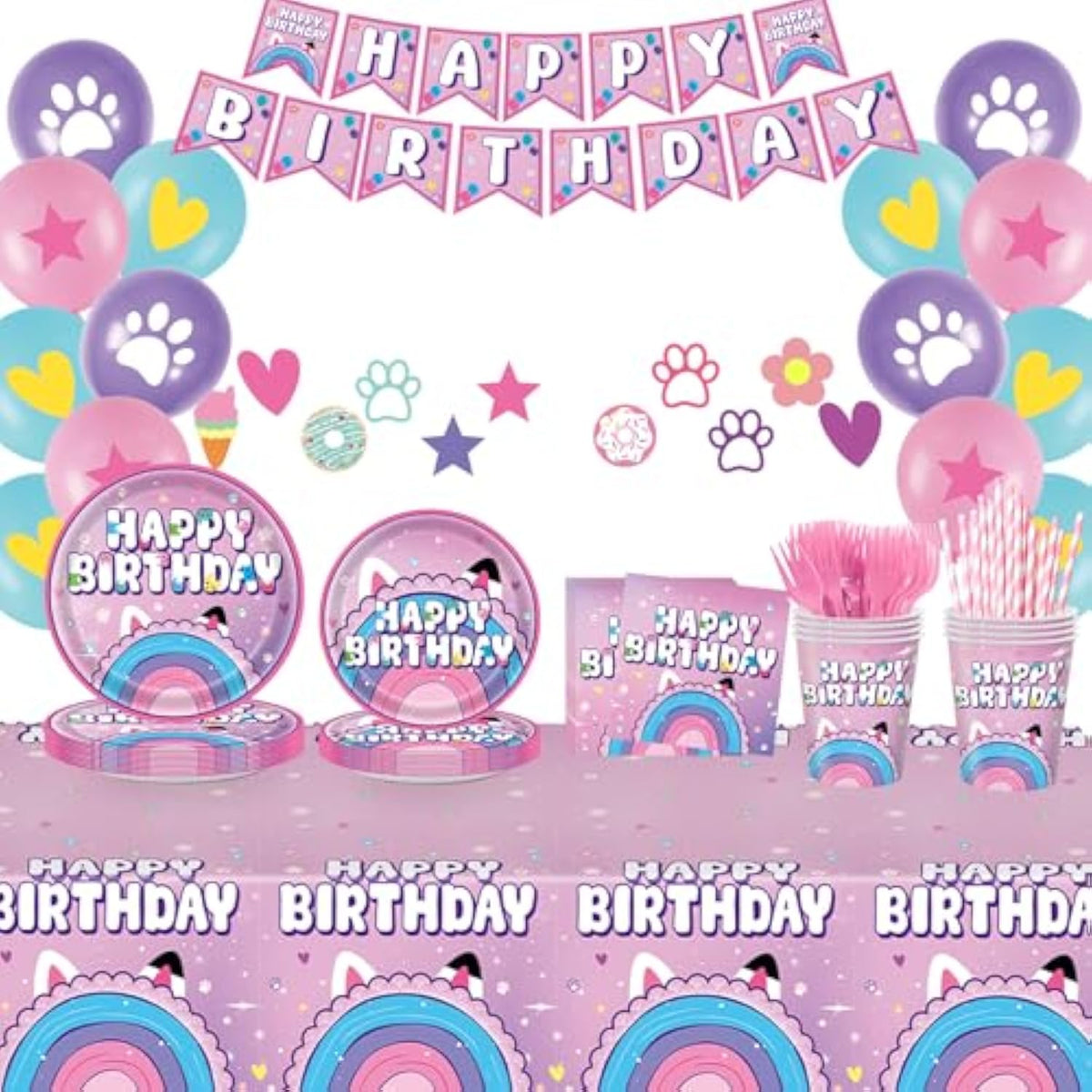 170Pcs Dollhouse Party Supplies For Kids First Birthday Cartoon Cat 1St 2Nd Party Decorations Paper Plates Napkins Paper Cups Tablecloth Balloons Banners For 24 Guests