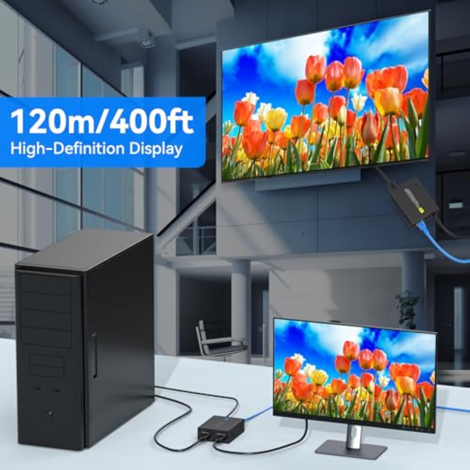 400Ft Hdmi Extender Over Ethernet Hdmi Monitor Over Cat5/6 Adapter Balun 120M