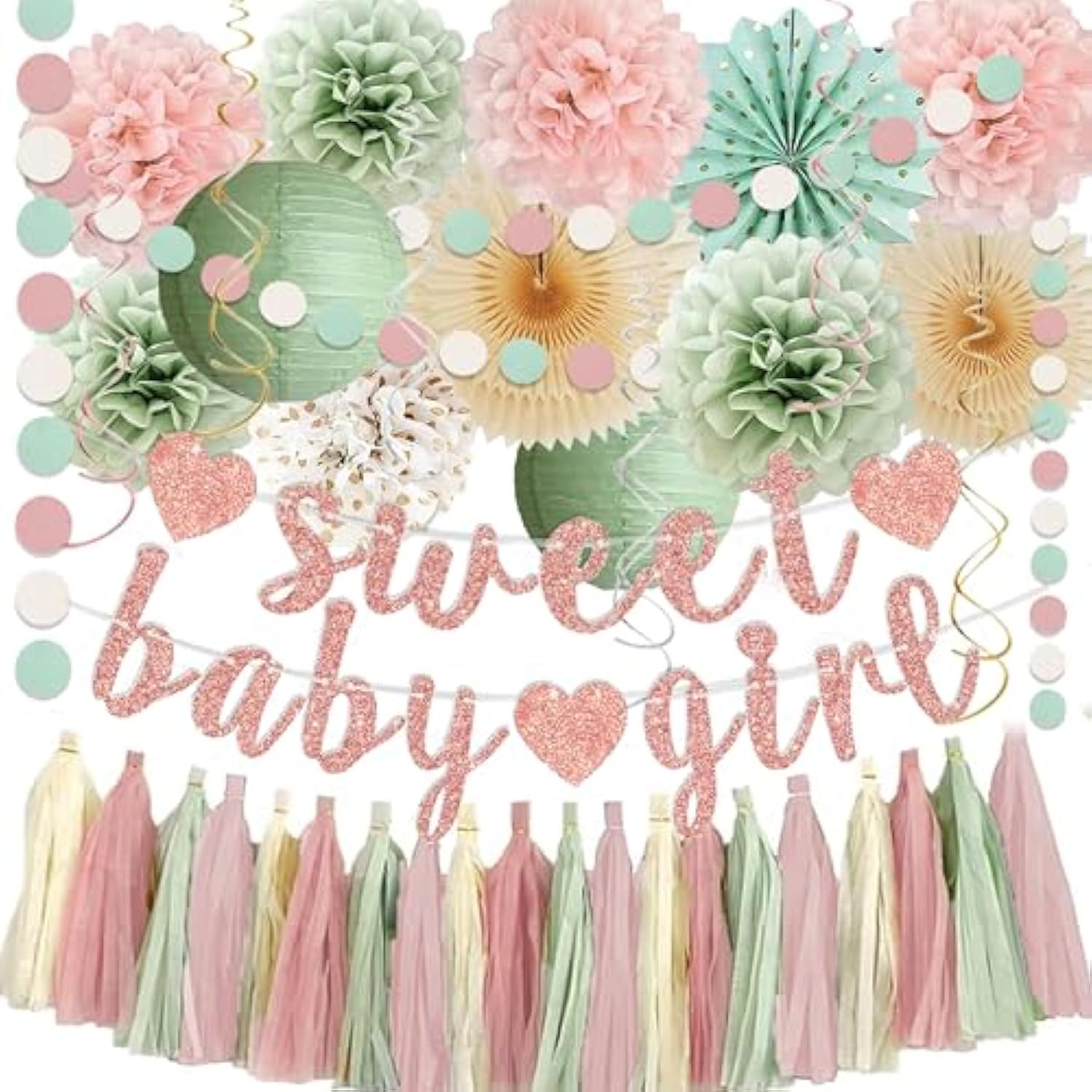 Sage Green And Blush Pink Baby Shower Decorations - Sweet Baby Girl Banner, Olive Green Lanterns, Streamers, Tissue Pom Poms, Paper Fans, Pink Beige Boho Paper Tassel, Rustic Backdrop Decor