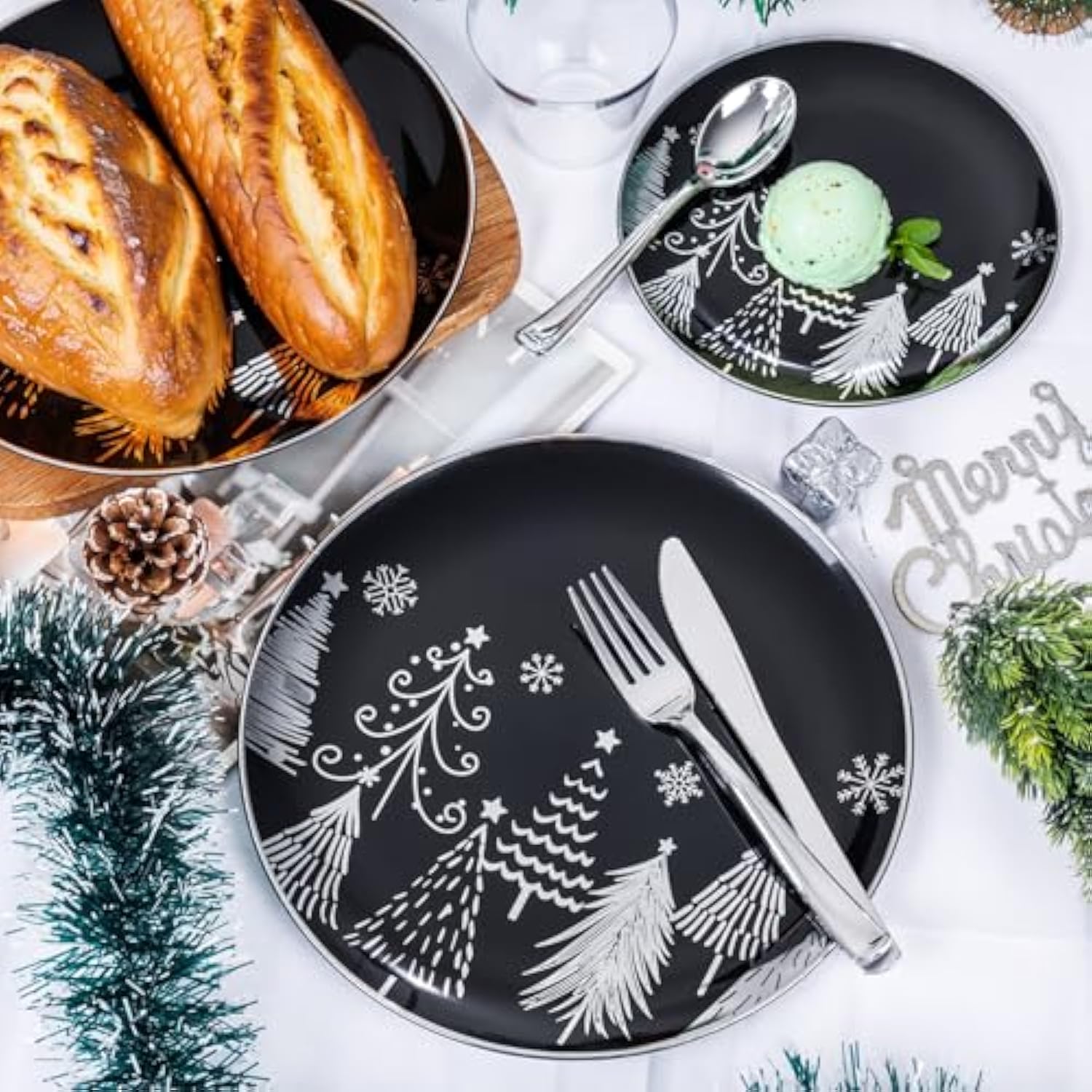 150Pcs Christmas Plates Disposable & Christmas Dinnerware Set For 25 Guests - Black & Silver Plates, Plastic Silverware & Cups With Silver Rim For Christmas Party Supplies