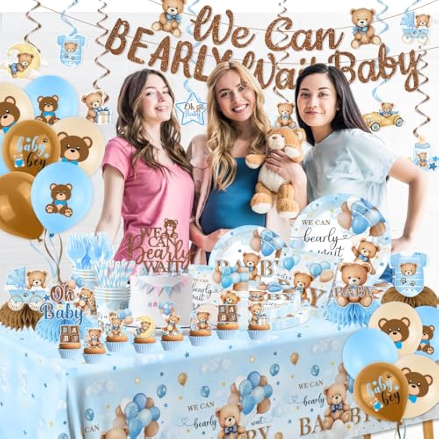 Blue Bear Baby Shower Decorations,219Pcs Baby Shower Tableware Set Banner, Plates And Napkins, Tablecloth, Cake Toppers, Honeycomb Balls For Boy Neutral Bear Themed Party Decorations Severs 24