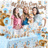 Blue Bear Baby Shower Decorations,219Pcs Baby Shower Tableware Set Banner, Plates And Napkins, Tablecloth, Cake Toppers, Honeycomb Balls For Boy Neutral Bear Themed Party Decorations Severs 24