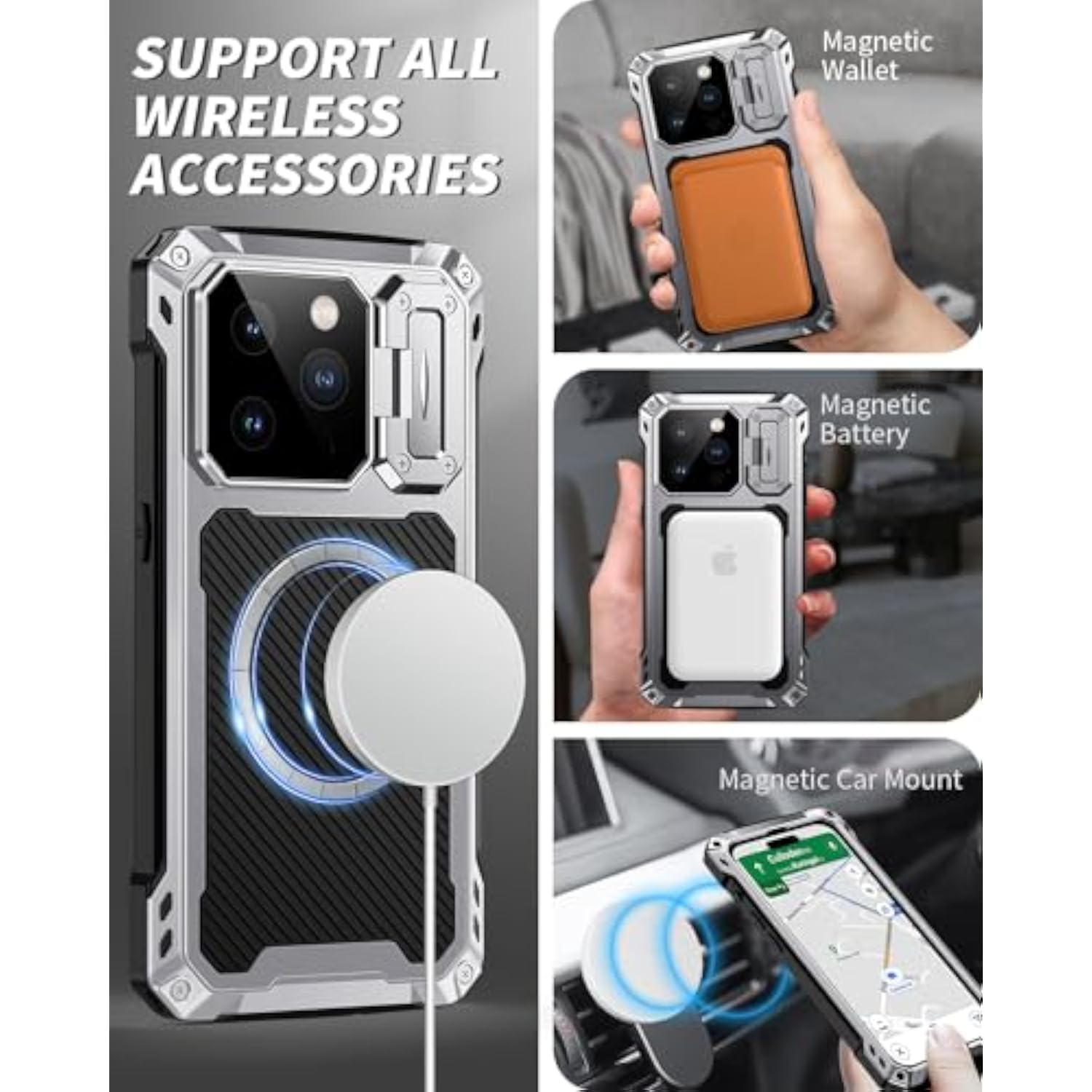 iPhone 14 Pro 6.1" Metal Case with Built-in Camera Kickstand and Glass Screen Protector, Heavy Duty Full Body Military Rugged Shockproof Magnetic Cover, Silver