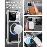iPhone 14 Pro 6.1" Metal Case with Built-in Camera Kickstand and Glass Screen Protector, Heavy Duty Full Body Military Rugged Shockproof Magnetic Cover, Silver