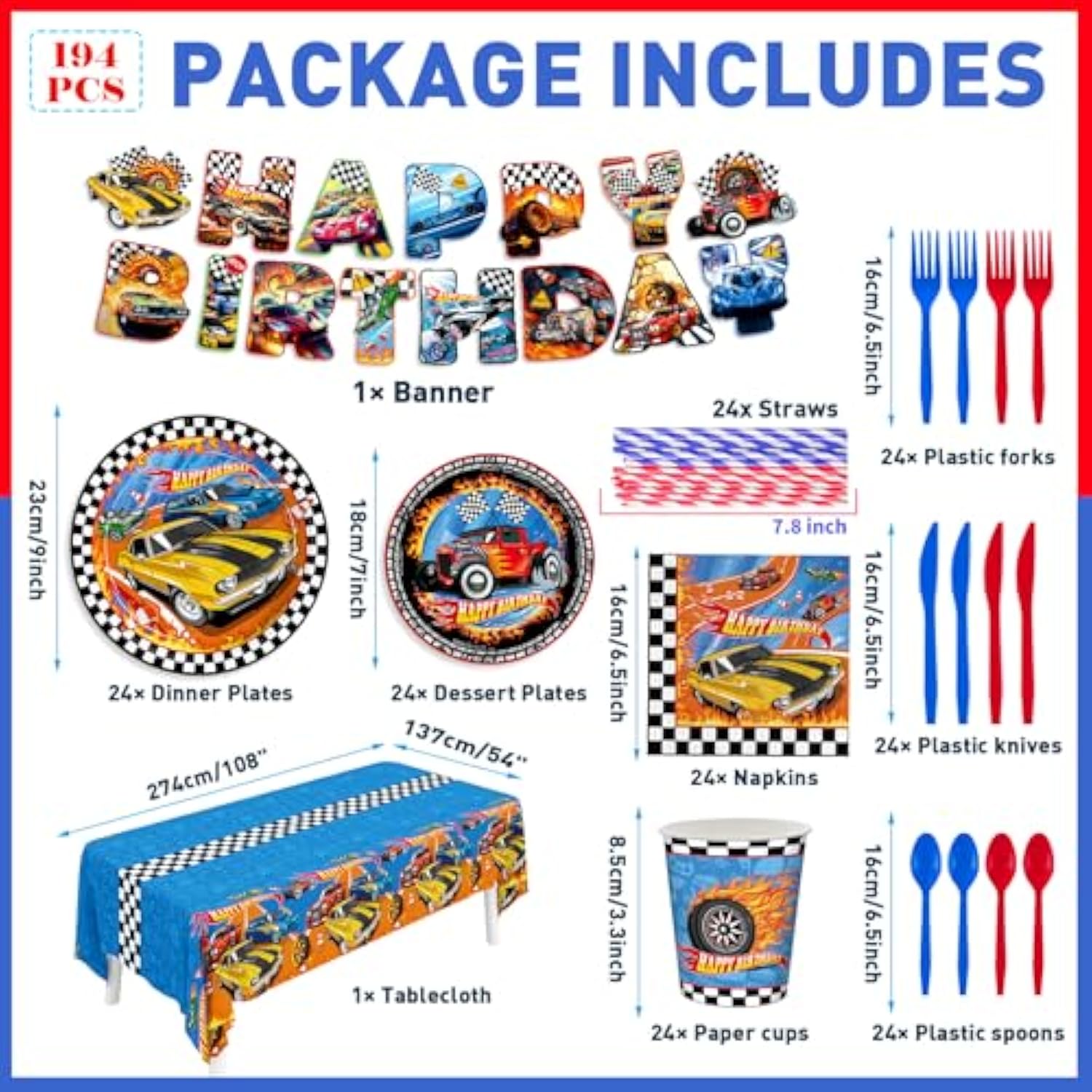 194Pcs Hot Car Birthday Party Decorations Race Car Plates Napkins Banner Tablecloth Disposable Parper Cups Straws Tableware Set Party Supplies For Kids Boys Birthday Decor 24 Guests