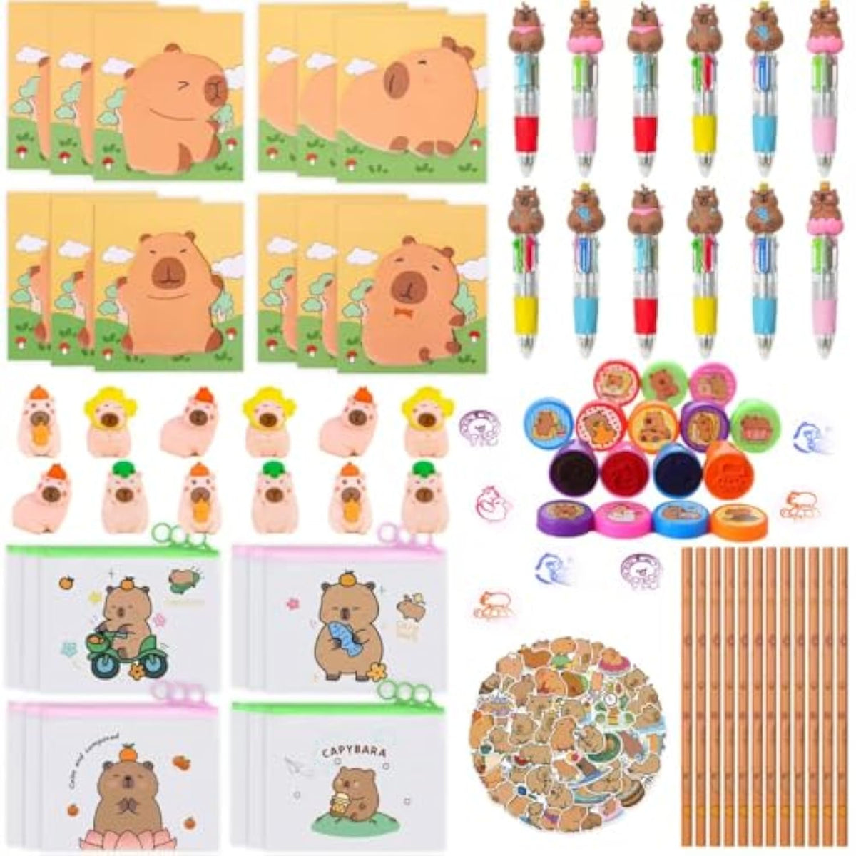 122Pcs Capybara Party Favors, Goodie Bags Stuffers For Kids With 4-In-1 Ballpoint Pens Sticky Notes Erasers Stampers Stickers, Capybara Stuff For Capibara Birthday Party Decorations