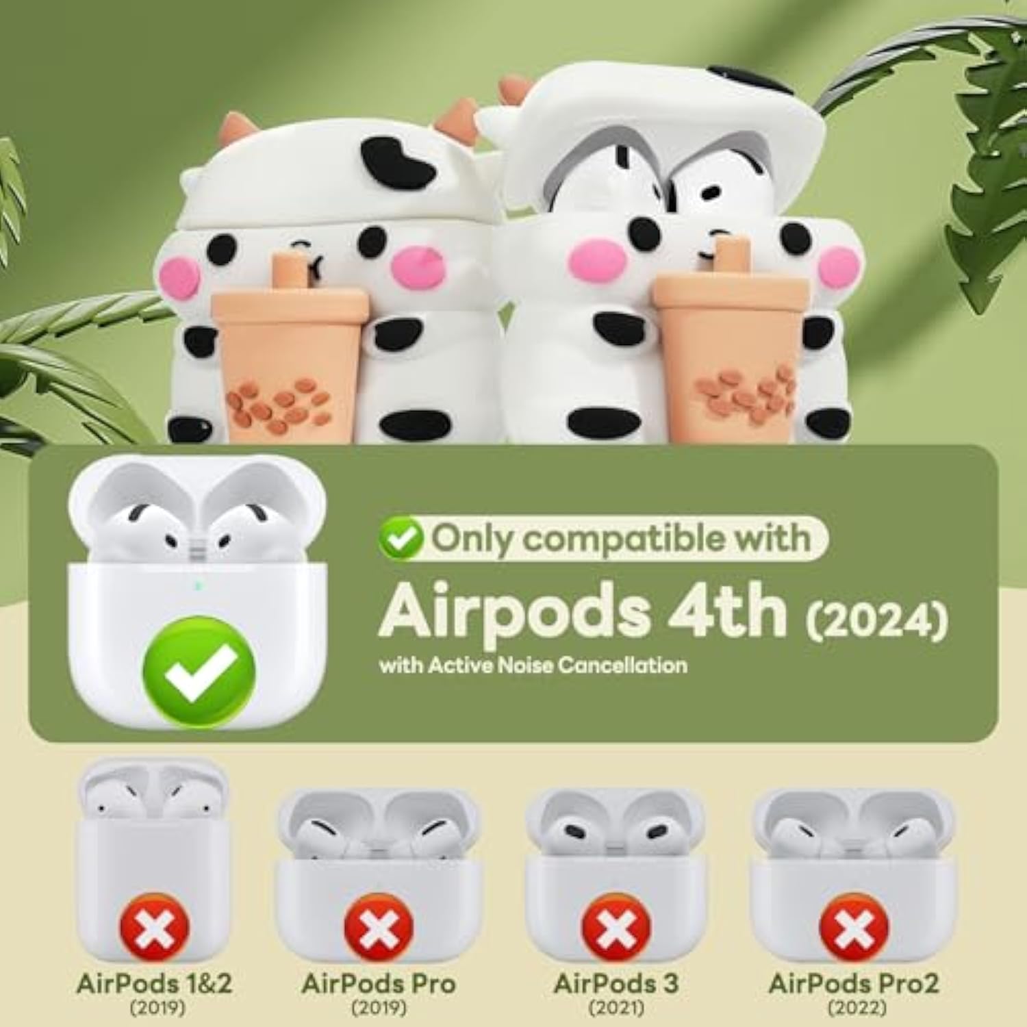 Airpods 4 Case Cover 2024 With Cleaner Kit, Funny 3D Cartoon Animal Airpods 4Th Gen Case, Soft Silicone Kawaii Boba Tea Cow Airpods 4 Gen With Keychain