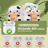 Airpods 4 Case Cover 2024 With Cleaner Kit, Funny 3D Cartoon Animal Airpods 4Th Gen Case, Soft Silicone Kawaii Boba Tea Cow Airpods 4 Gen With Keychain