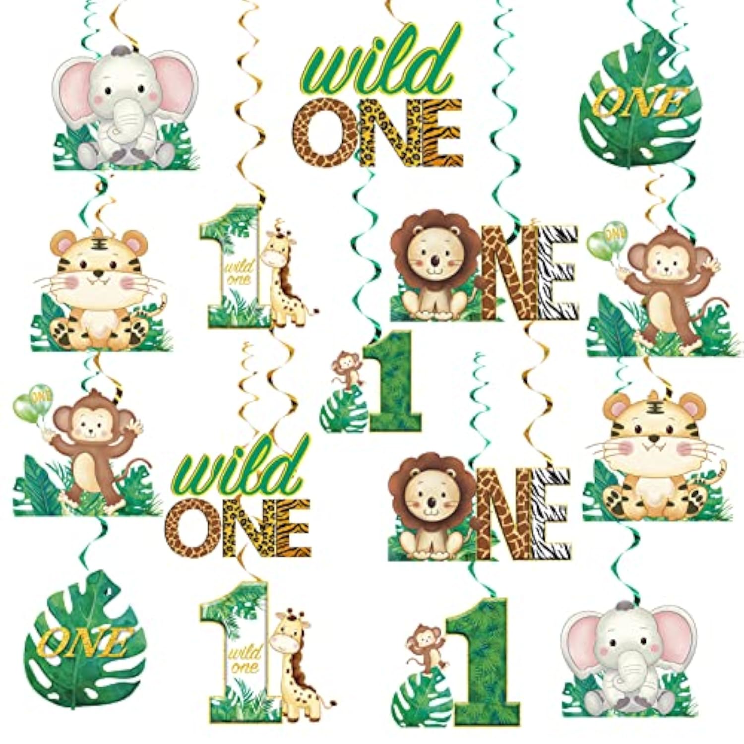 16Pcs Wild One Birthday Decorations Hanging Swirls For Boys Girls, Jungle Safari Theme 1St Birthday Foil Swirls Party Supplies, Safari Animal First Bday Ceiling Sign Decor