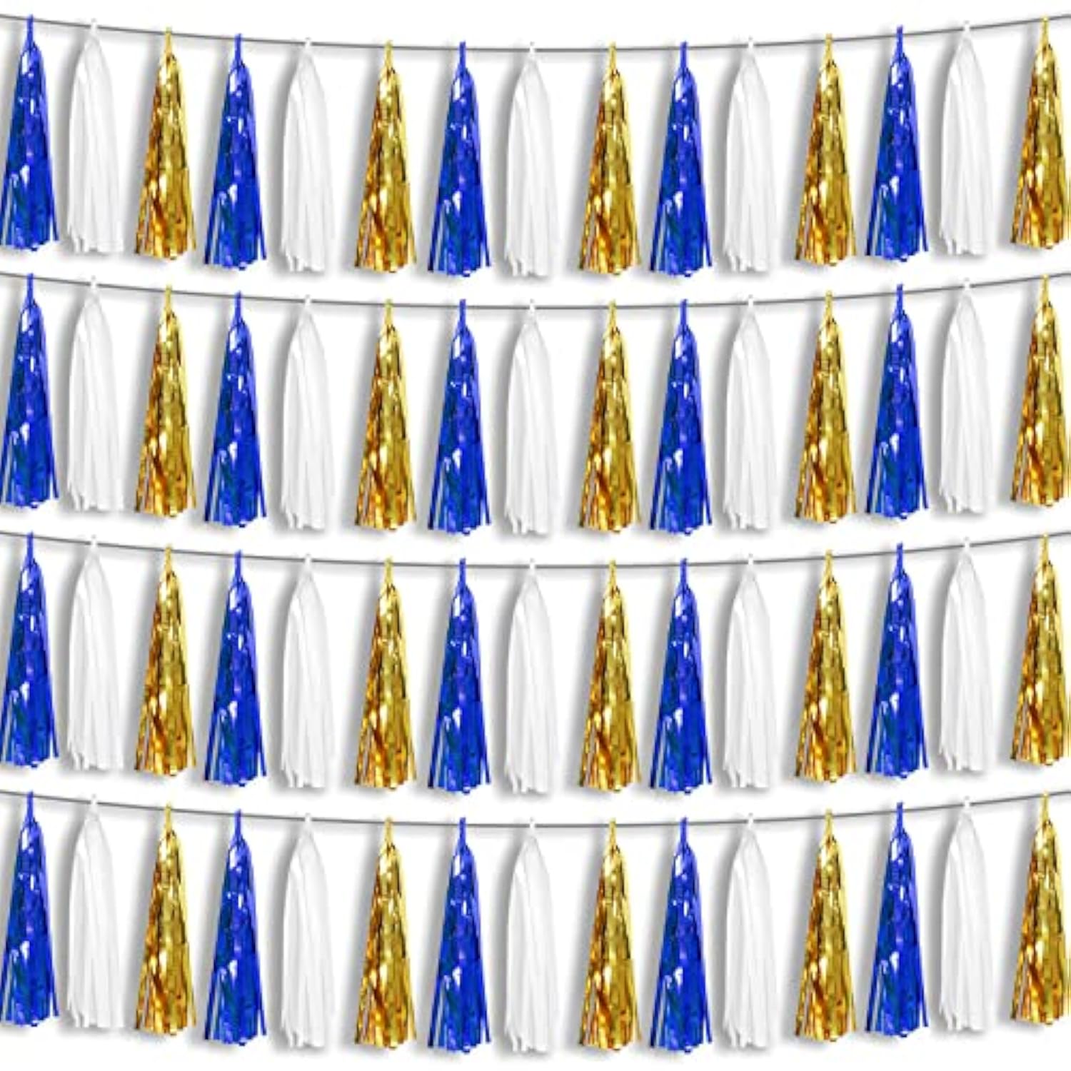 4P Navy-Blue White-Gold Foil Fringe Metallic Tassel-Garland, Tassels Banner Streamers For Parade Floats, Bachelorette, Wedding, Birthday, Halloween, Christmas, Bridal/Baby Shower Party Decorations