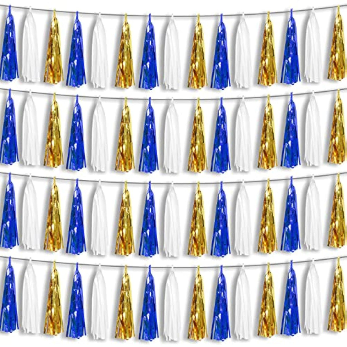 4P Navy-Blue White-Gold Foil Fringe Metallic Tassel-Garland, Tassels Banner Streamers For Parade Floats, Bachelorette, Wedding, Birthday, Halloween, Christmas, Bridal/Baby Shower Party Decorations