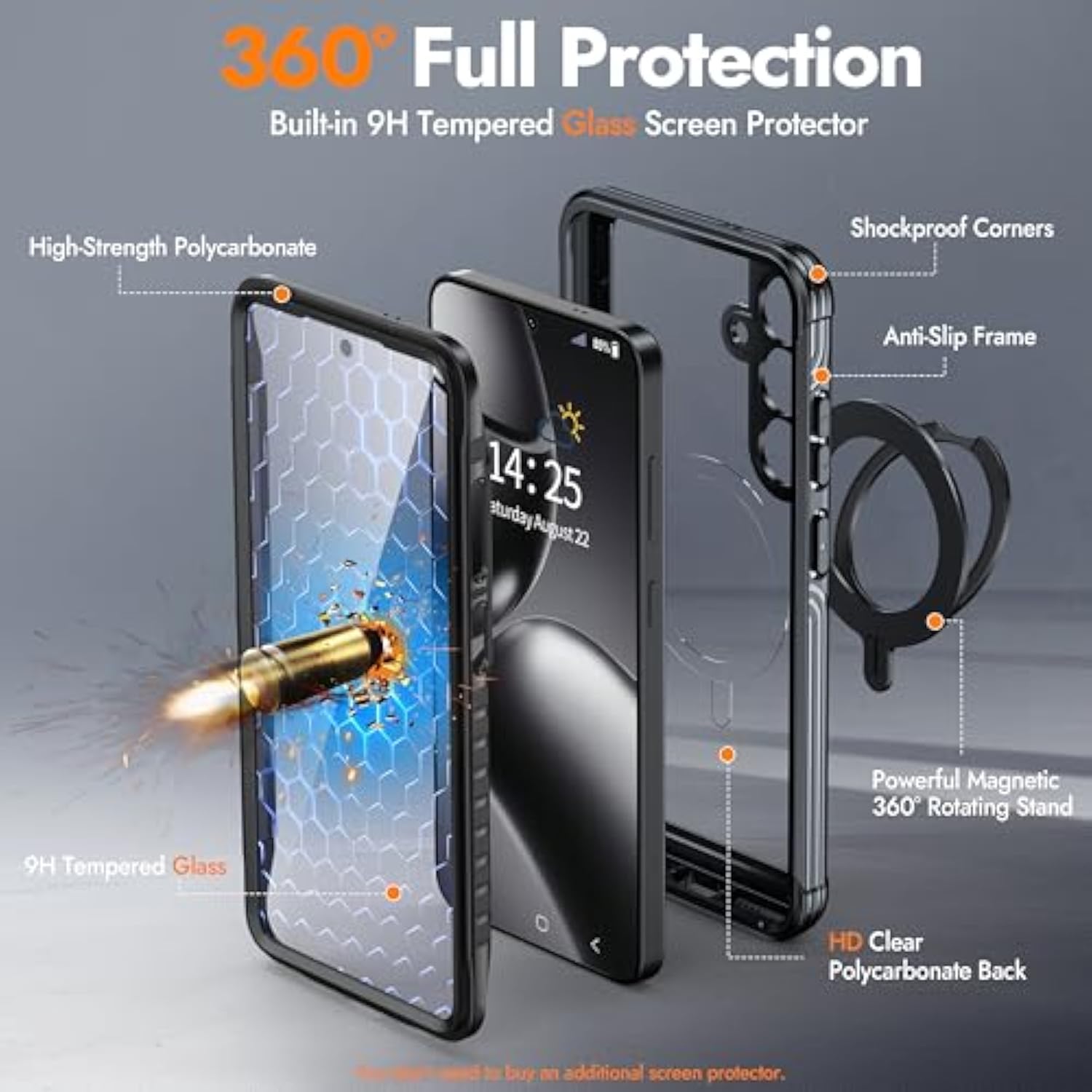Magnetic Stand For Samsung Galaxy S25+ Case [Fit For Magsafe] [360°Rotatable Stand] [Built-In Tempered Glass Screen Protector] Full-Body Shockproof Military-Grade Protective Case Black
