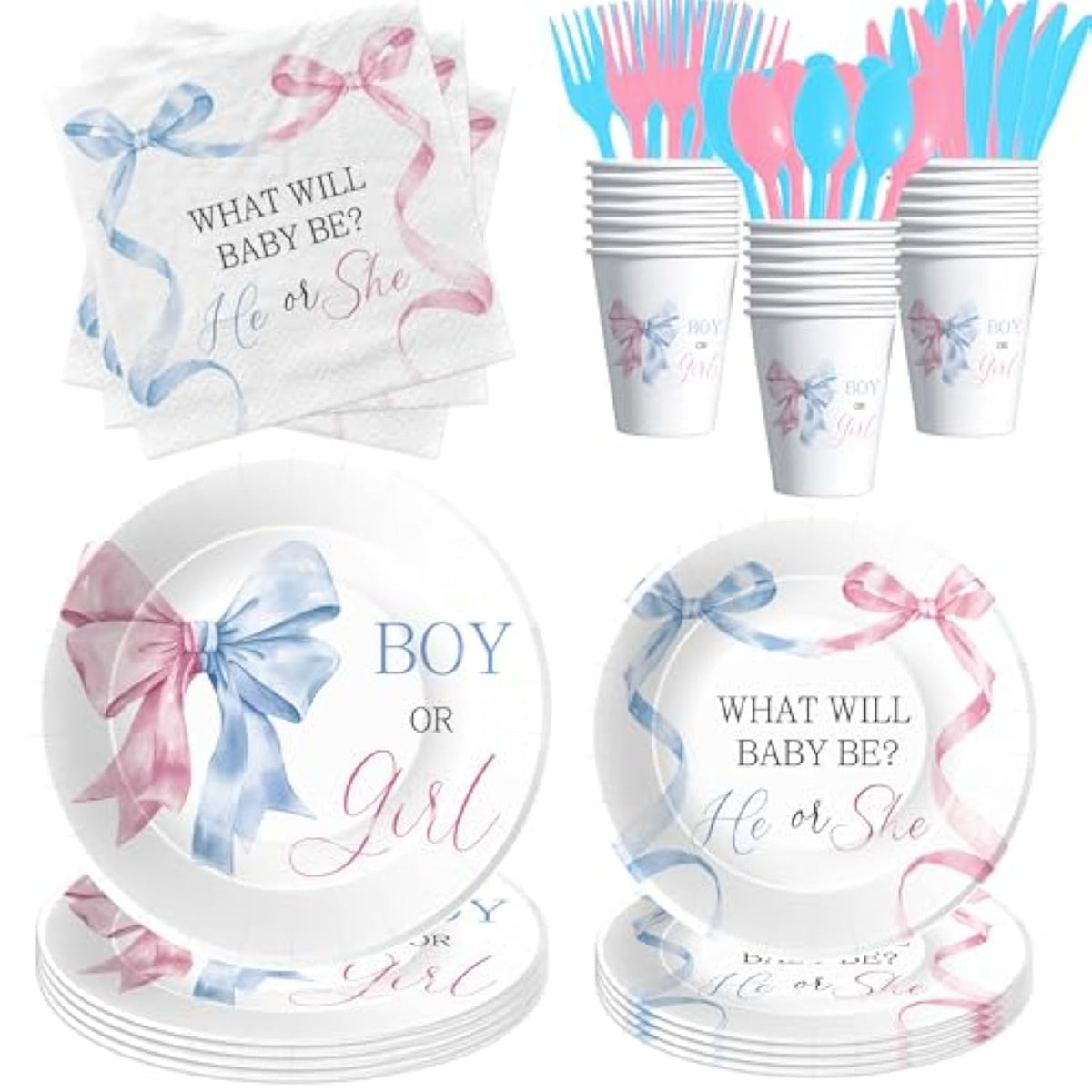 Pink Blue Bow Gender Reveal Decorations, Bow Theme Boy Or Girl Gender Reveal Party Supplies For Baby Shower, He Or She Paper Plate, Cup, Napkin, Disposable Cutlery, Serves 24