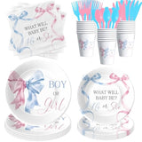 Pink Blue Bow Gender Reveal Decorations, Bow Theme Boy Or Girl Gender Reveal Party Supplies For Baby Shower, He Or She Paper Plate, Cup, Napkin, Disposable Cutlery, Serves 24